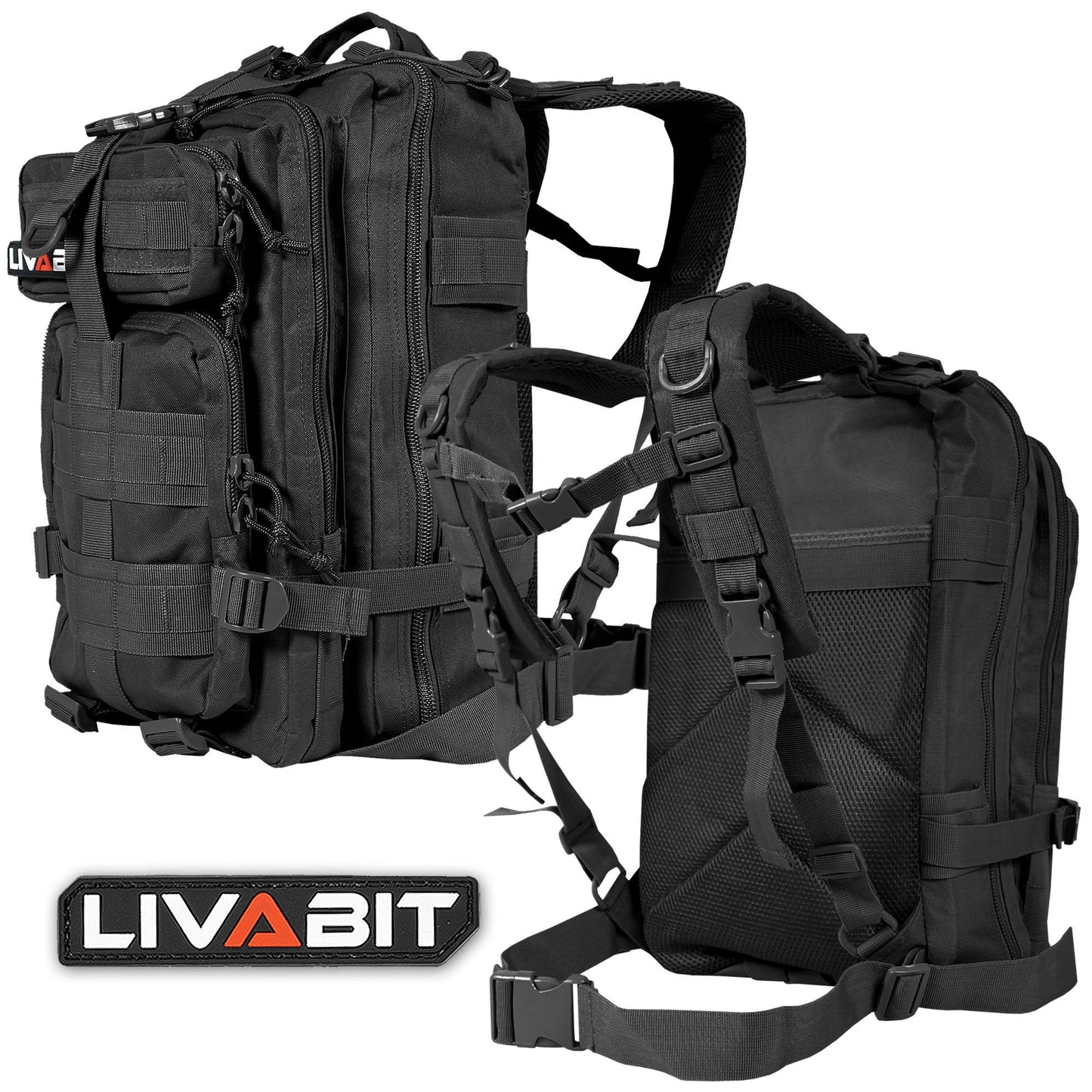 LIVABIT Tactical Emergency EDC 3 Day Earthquake Survivalist Grab and Go Bug Out Kit Bag Backpack Rucksack Molle Nylon Carrier BLACK