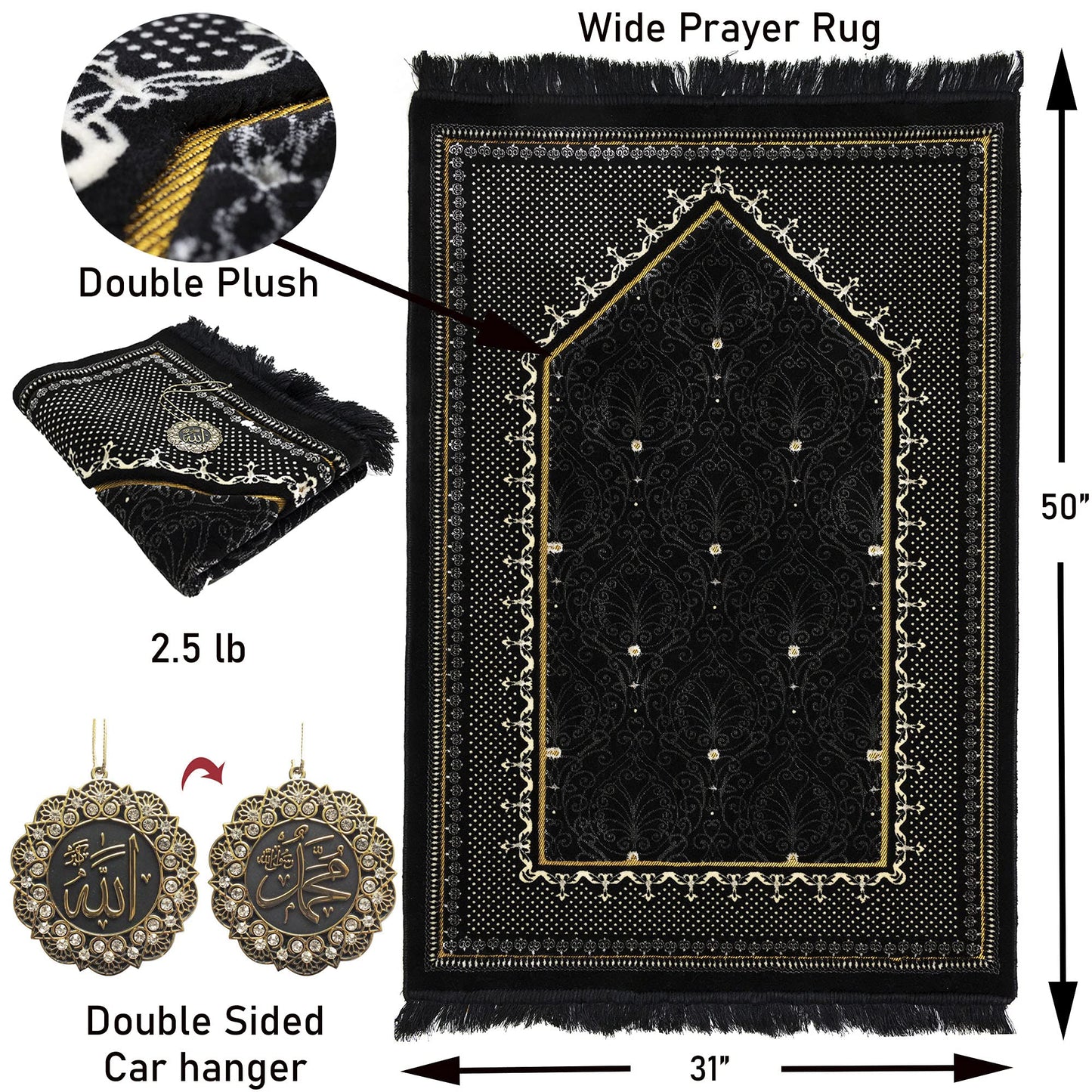 Modefa Turkish Islamic Velvet Prayer Rug - Thick & Wide Soft Carpet for Men & Women - Large Muslim Salah Mat - Ramadan & Eid Gift - with Car Hanger - Double Plush Topkapi (Black) - Medaid International