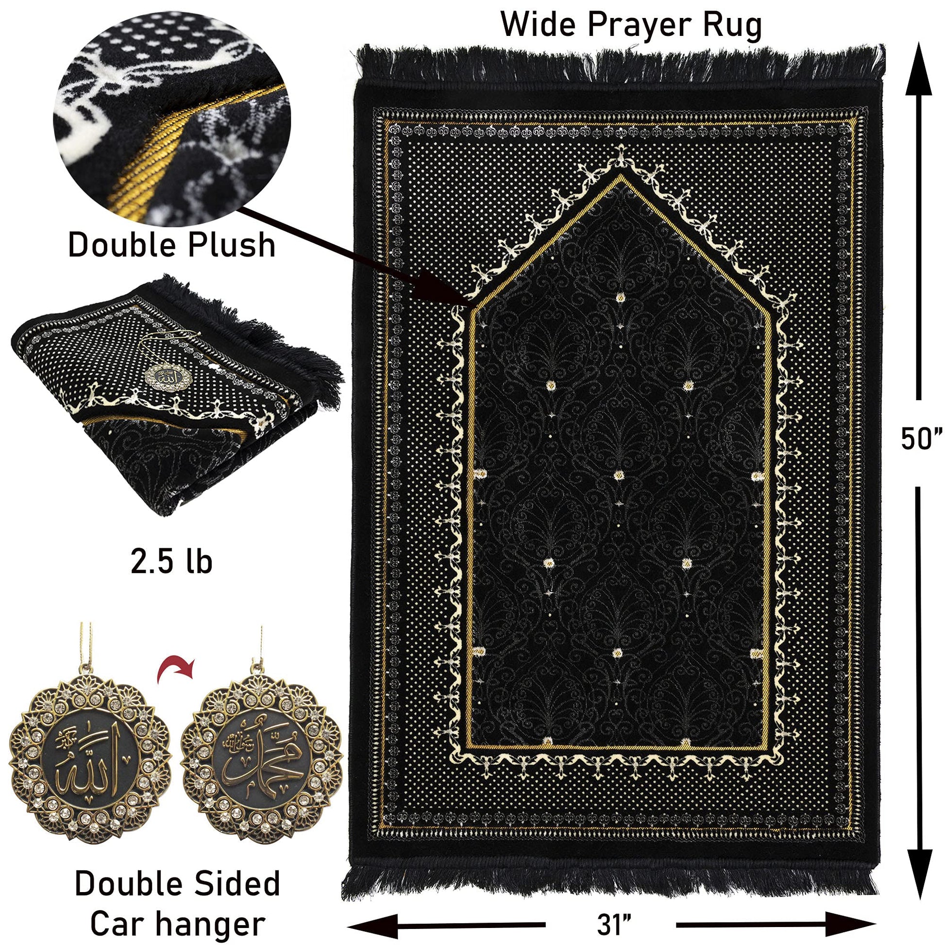 Modefa Turkish Islamic Velvet Prayer Rug - Thick & Wide Soft Carpet for Men & Women - Large Muslim Salah Mat - Ramadan & Eid Gift - with Car Hanger - Double Plush Topkapi (Black) - Medaid International