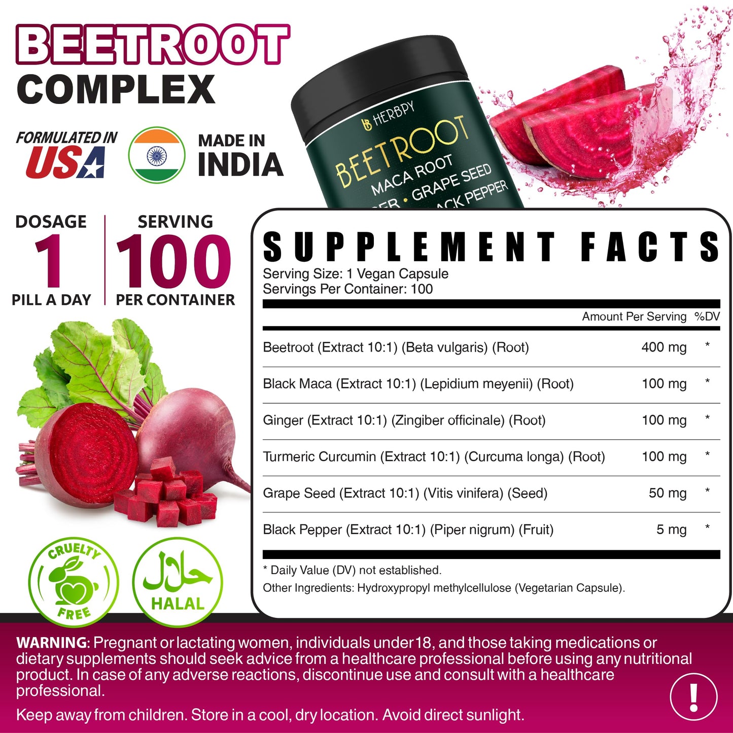 Herbpy 6in1 Beetroot Supplement with Maca Root, Grape Seed, Ginger, Turmeric and Black Pepper for Heart Health & Immune Support - 100 Vegan Capsules - Medaid International