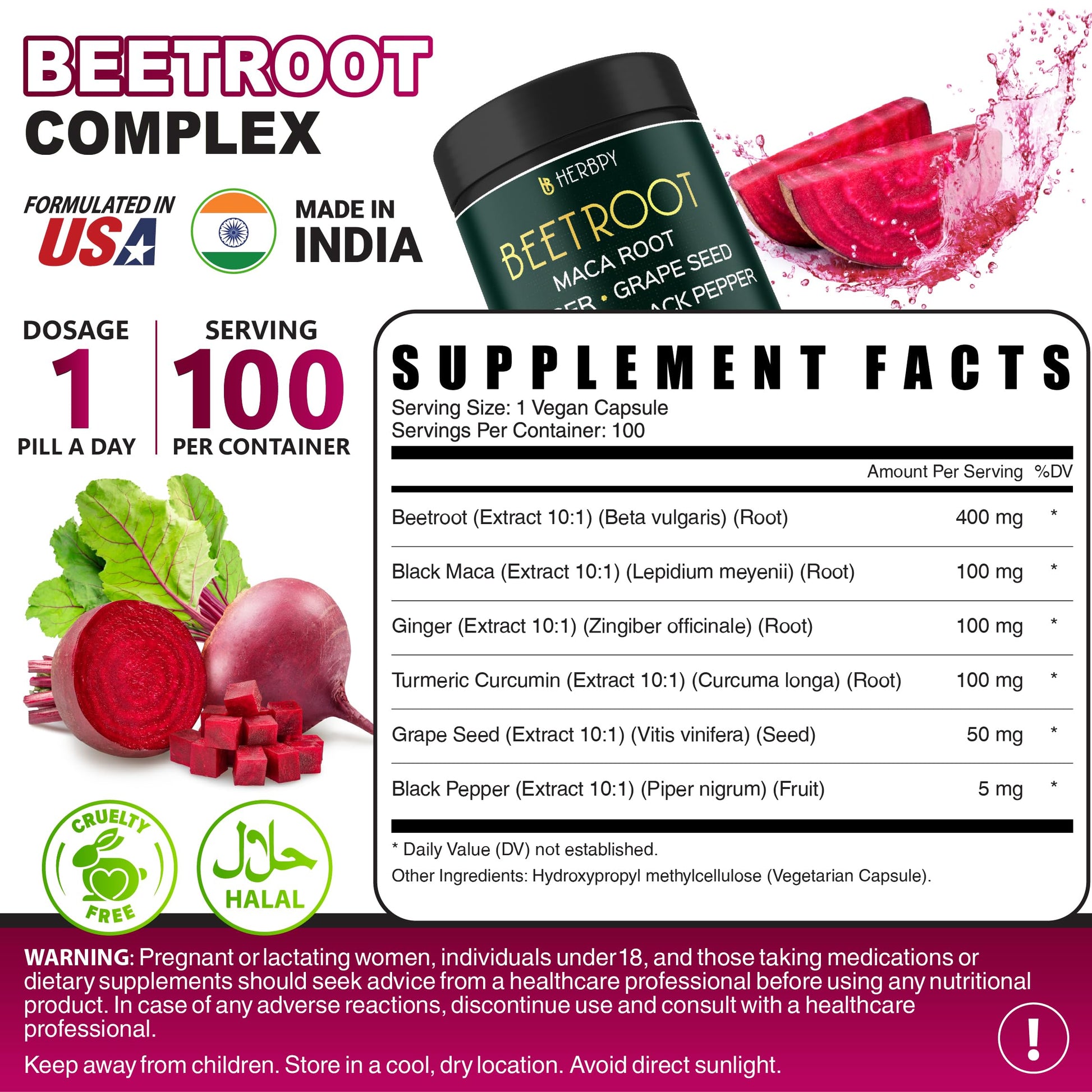 Herbpy 6in1 Beetroot Supplement with Maca Root, Grape Seed, Ginger, Turmeric and Black Pepper for Heart Health & Immune Support - 100 Vegan Capsules - Medaid International