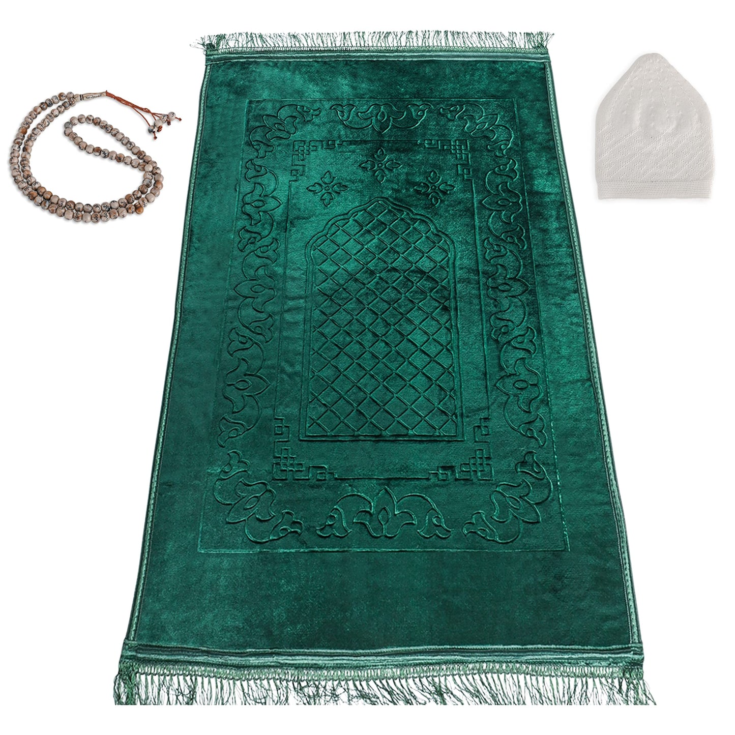 Truly Premium, Muslim Prayer Rug, Traditional Style, Large, Thick, and Padded Muslim Prayer Mat, 99 Prayer Beads and a Prayer Cap Included, Prayer Mats Muslim for Praying Men, Women, and Kids (Green) - Medaid International