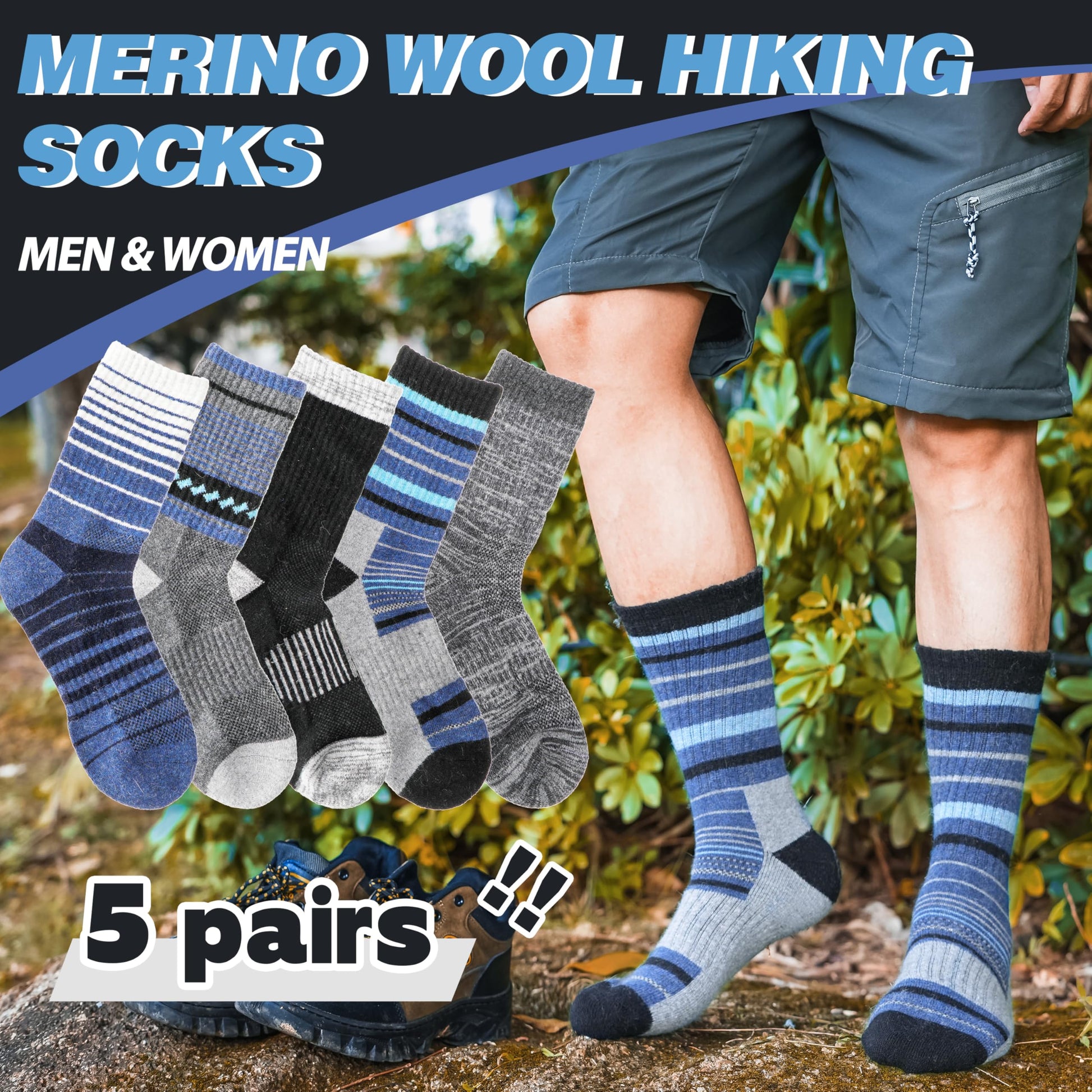 Merino Wool Socks for Men Thermal Winter Warm Hiking Cozy Crew Work Gift Socks Stocking Stuffers 5 Pairs(Blue,L) - Medaid International