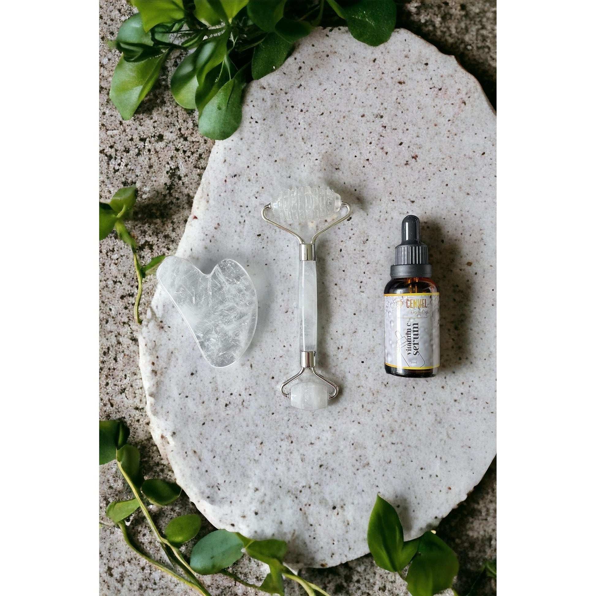 100% Real Crystal Jade Stone Roller and Gua Sha Set with Vitamin C Serum | Great for Eye Puffiness Treatment, Skin Tightening, Anti Aging, Rejuvenate Face & Neck | Great Gift for Women & Men (Crystal) - Medaid International