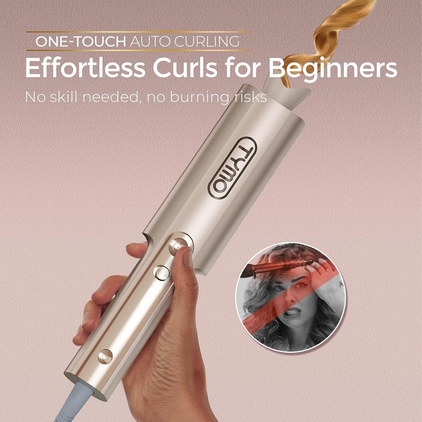 Upgraded Automatic Rotating Curling Iron 25mm - TYMO CurlPro Plus Long Barrel Curling Wand for Long Hair, Ceramic Hair Curler for Women, Anti-Scald, Tangle-Free, 600M Ionic, Dual Voltage, Gold