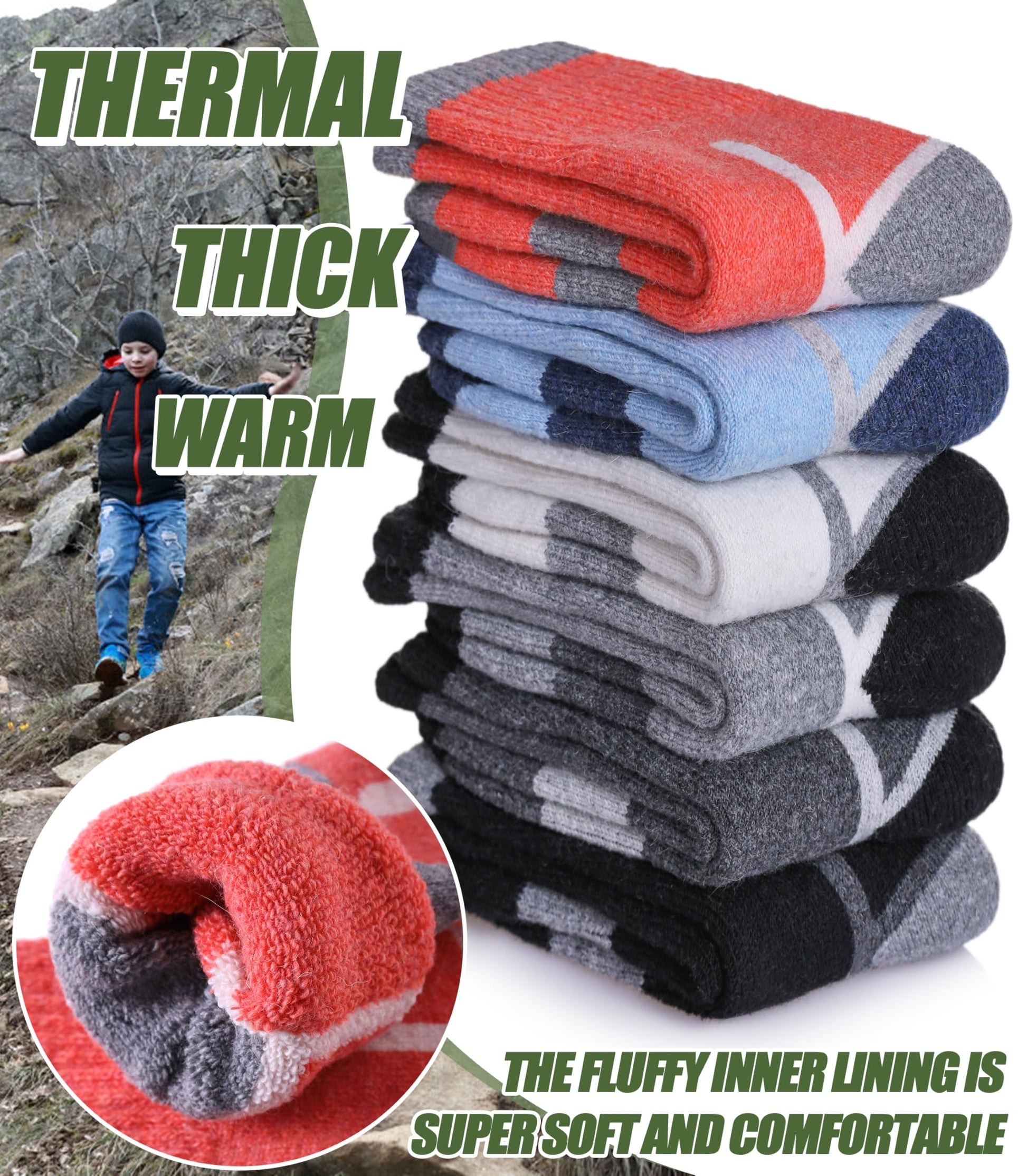 NOCIN COLOR Kids Merino Wool Hiking Socks Boys Girls Toddlers Thermal Winter Warm Boot Thick Cushion Socks 6 Pairs （6 Pairs Mix Color C，8-12 Years） - Medaid International