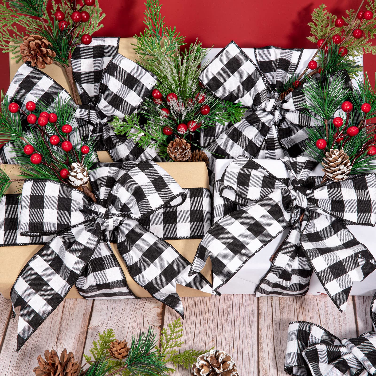 Whaline 2 Rolls Wired Edge Plaid Ribbon Christmas Buffalo Check Ribbon White Black Plaid Ribbon 2.5" Wide Farmhouse Craft Ribbon for DIY Gift Wrapping Wreath Xmas Tree Bow Decoration, 10 Yard - Medaid International