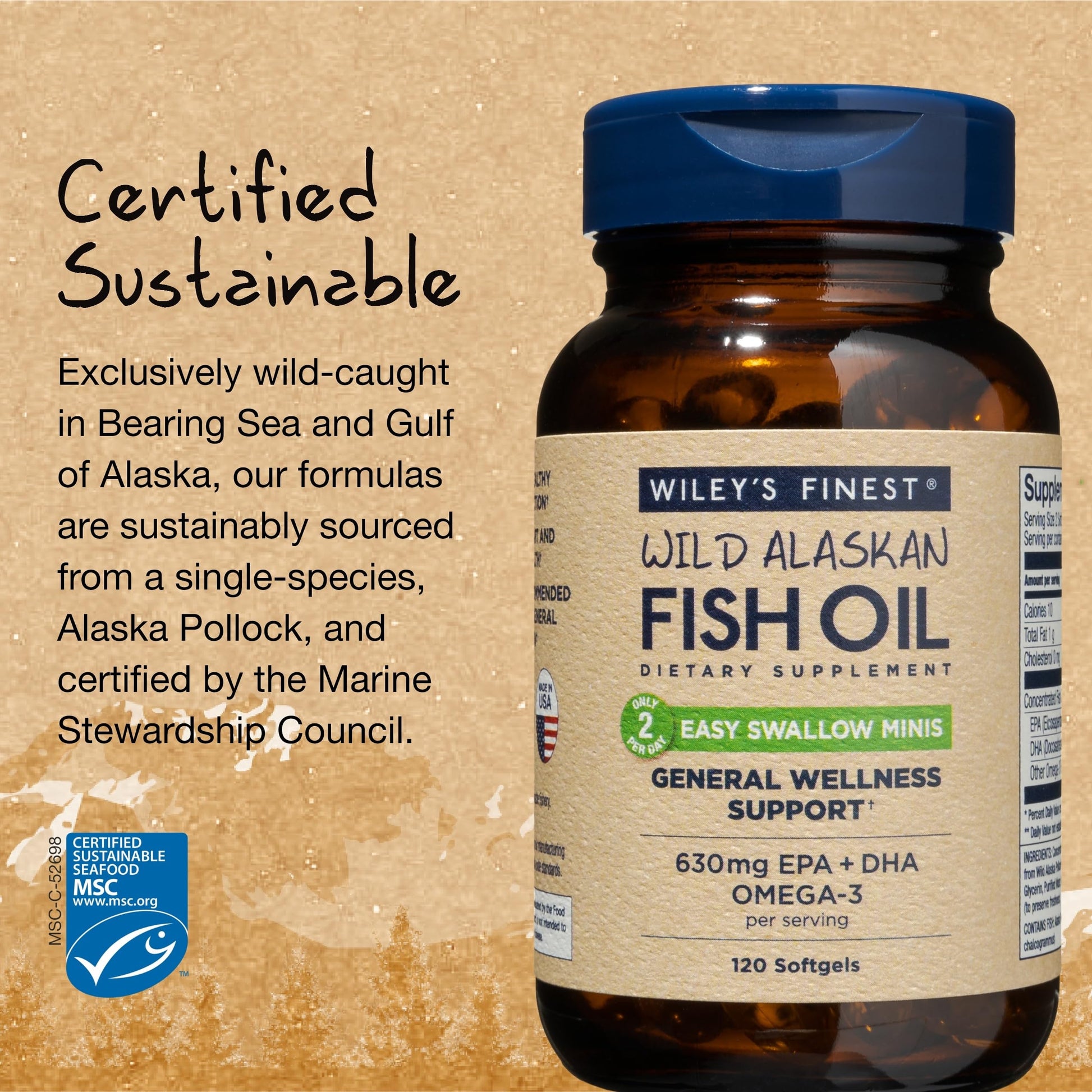 Wiley's Finest Wild Alaskan Fish Oil Easy Swallow Minis - Omega-3 Fish Oil Supplement for Adults and Kids - Double-Strength 630mg EPA and DHA Natural Supplement - 120 Mini Softgels (60 Servings) - Medaid International