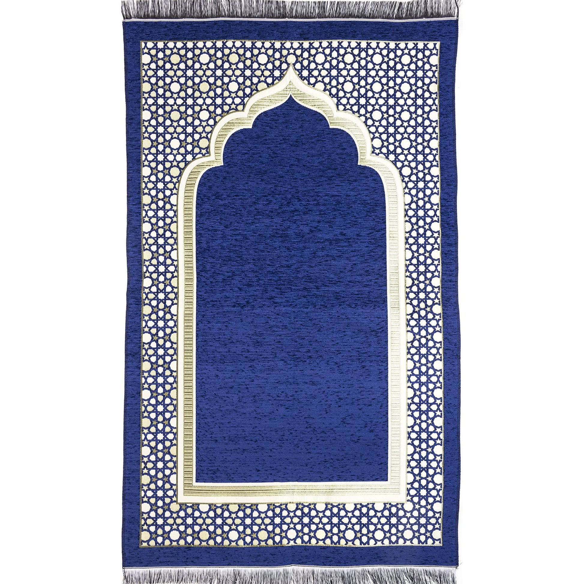 Modefa Turkish Islamic Prayer Mat - Thin Woven Chenille Sajjadah - Intricate Praying Rug Ramadan Eid Gift - Traditional Muslim Janamaz Sajada for Men Women - Geometric Selcuk Star (Royal Blue) - Medaid International