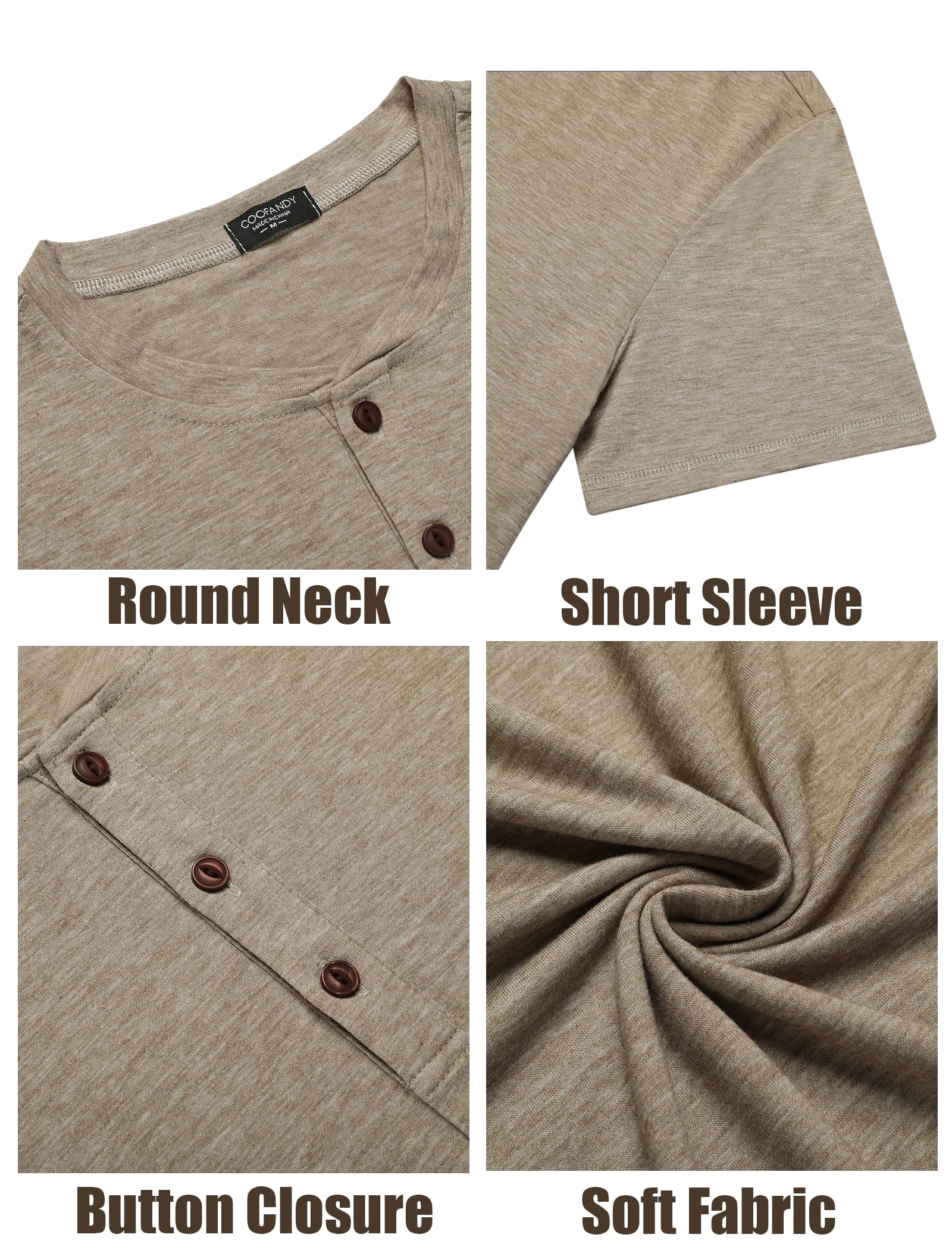 COOFANDY Men's Short Sleeve Henley Shirts Basic Tee Summer Solid Button T Shirts Lightweight Shirts Khaki - Medaid International