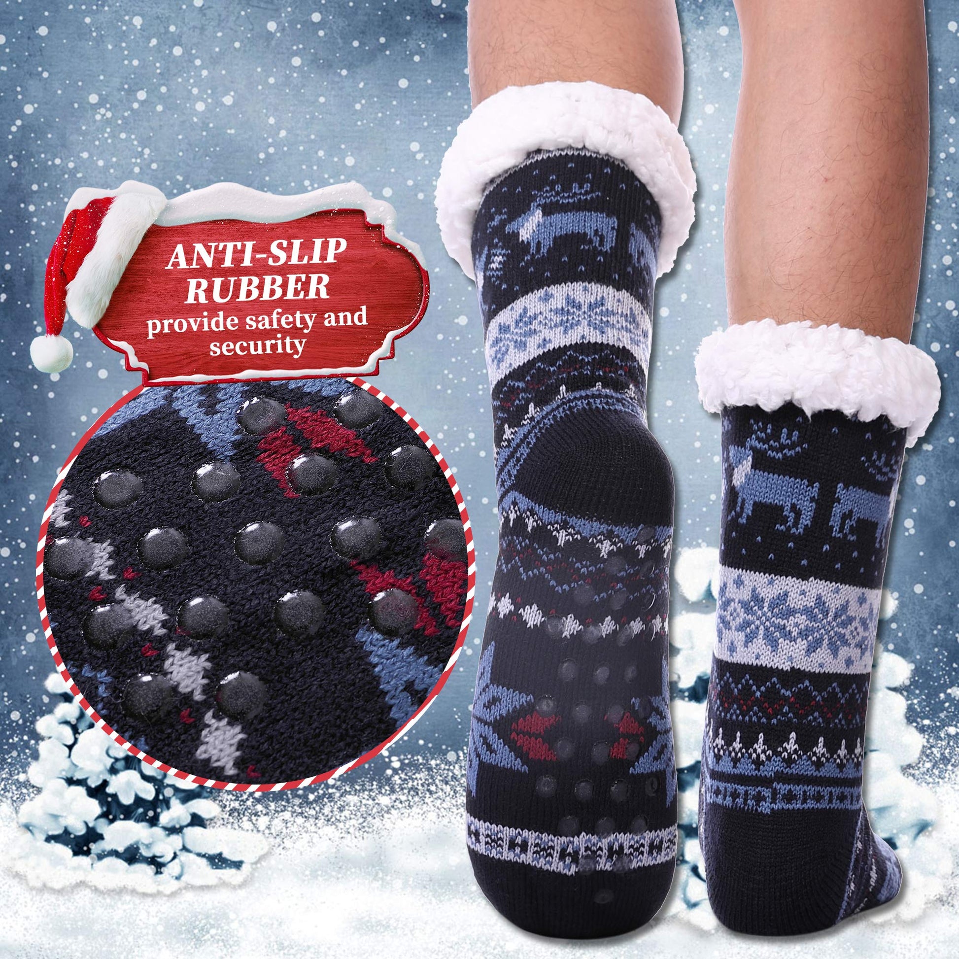 DYW Mens Fuzzy Slipper Socks Warm Thick Heavy Thermal Fleece lined Fluffy Winter Non Slip Socks (Dark Blue A) - Medaid International