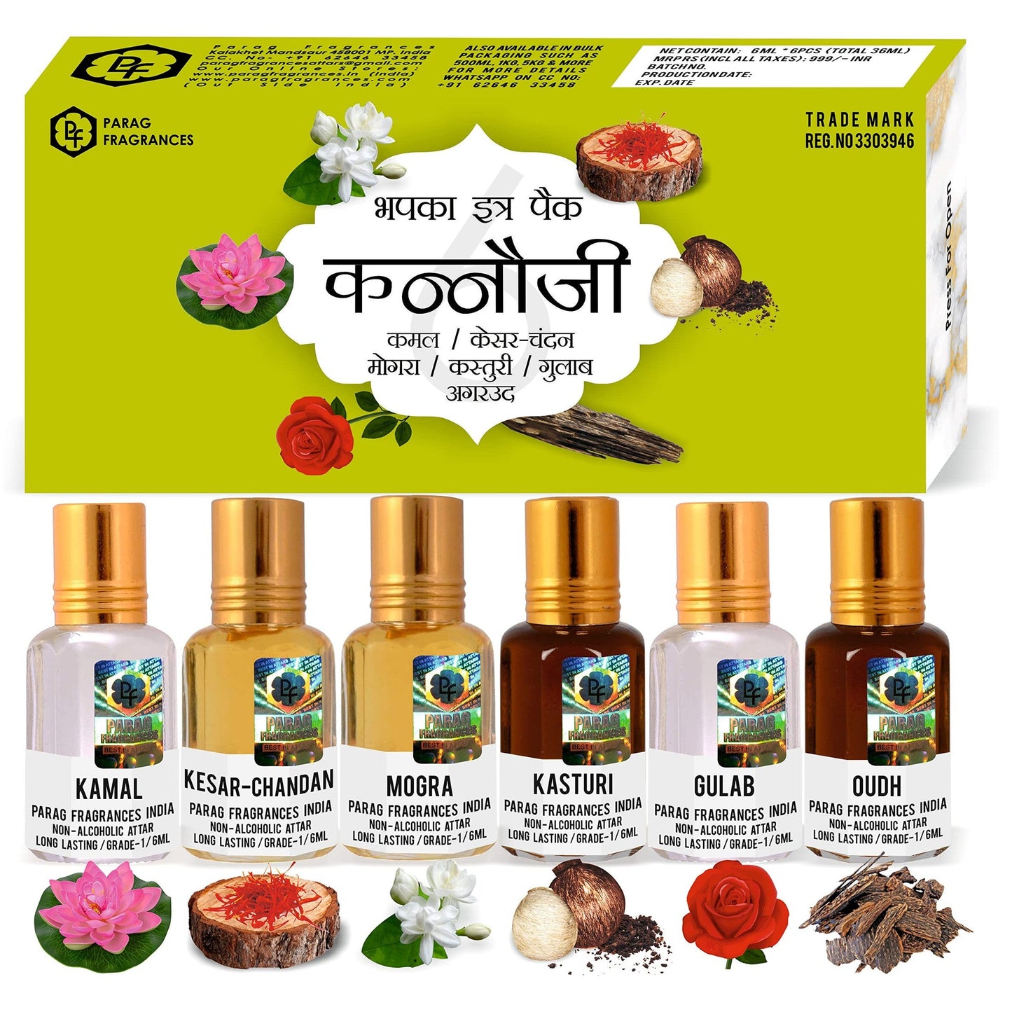 Parag Fragrances Natural & Premium Liquid Attar Gift Pack For Unisex (Kannauji 6 In 1) - Medaid International