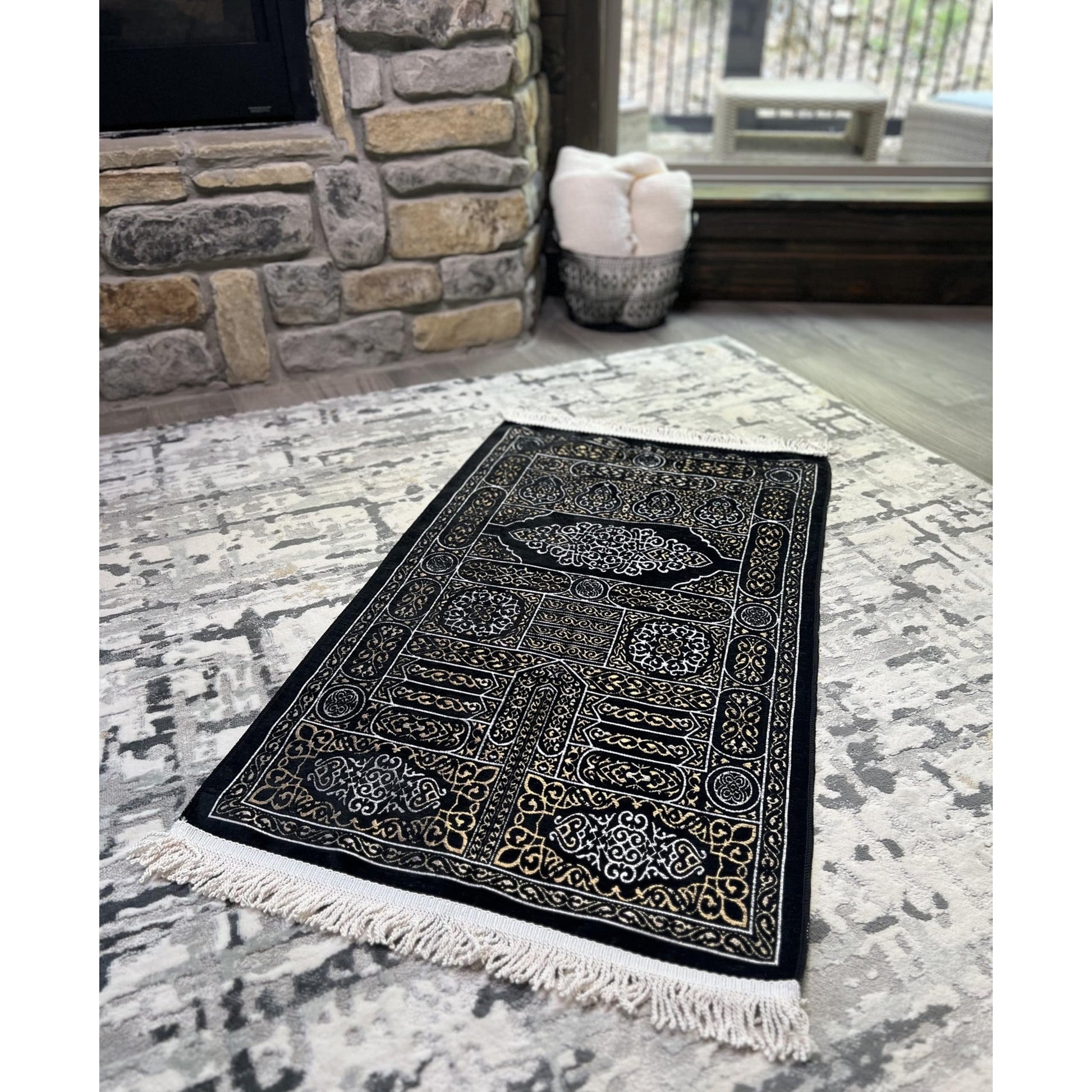 Modefa Turkish Islamic Prayer Mat Muslim Prayer Rug Islam Men Women Chenille with Praying Cap, Beads | Full Kaba Door Swirl Intricate Design (Black) - Medaid International
