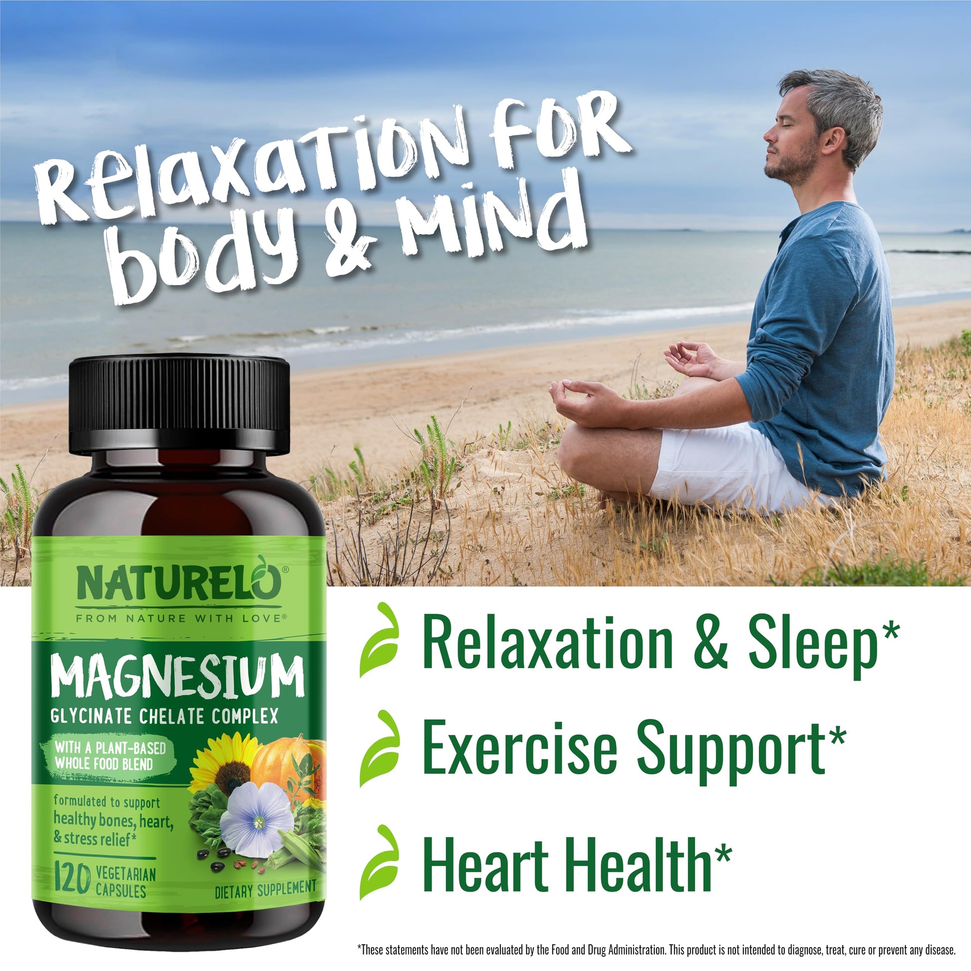 NATURELO Magnesium Glycinate Chelate Complex - 200 mg Magnesium with Organic Vegetables to Support Sleep, Calm, Muscle Cramp & Stress Relief - Gluten Free, Non GMO - 120 Capsules - Medaid International