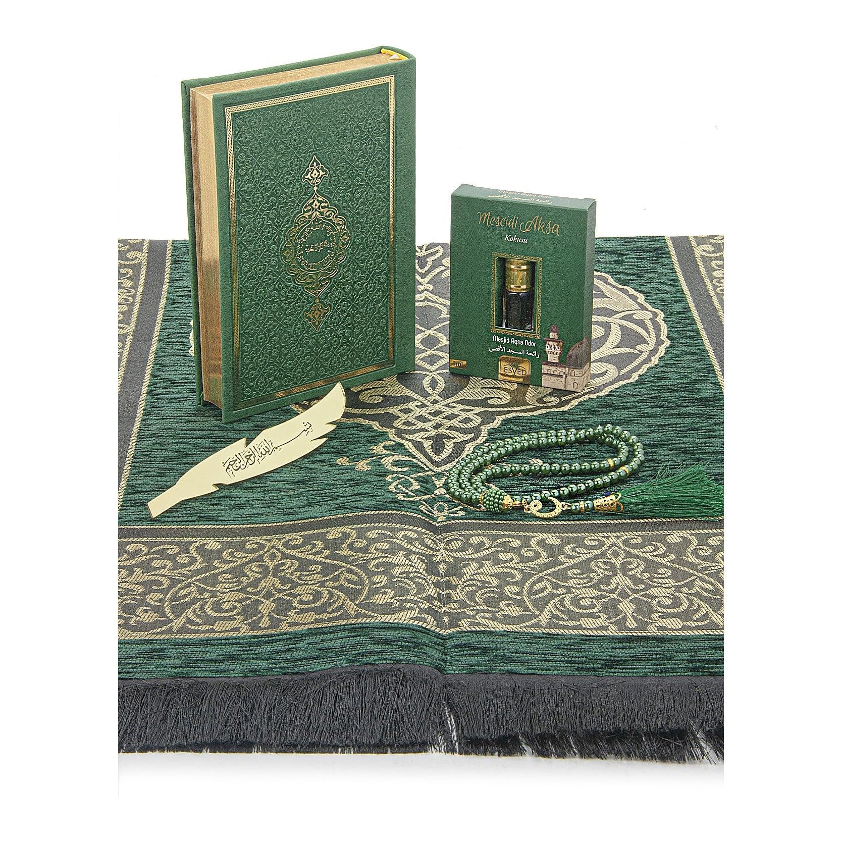 ihvan online Prayer Gift Set for Men & Women, Muslim Prayer Rug, Salah Mat, Beads Taasbih, Arabic Holy Quran, Islamic Gift Set for Ramadan & Eid, Green - Medaid International