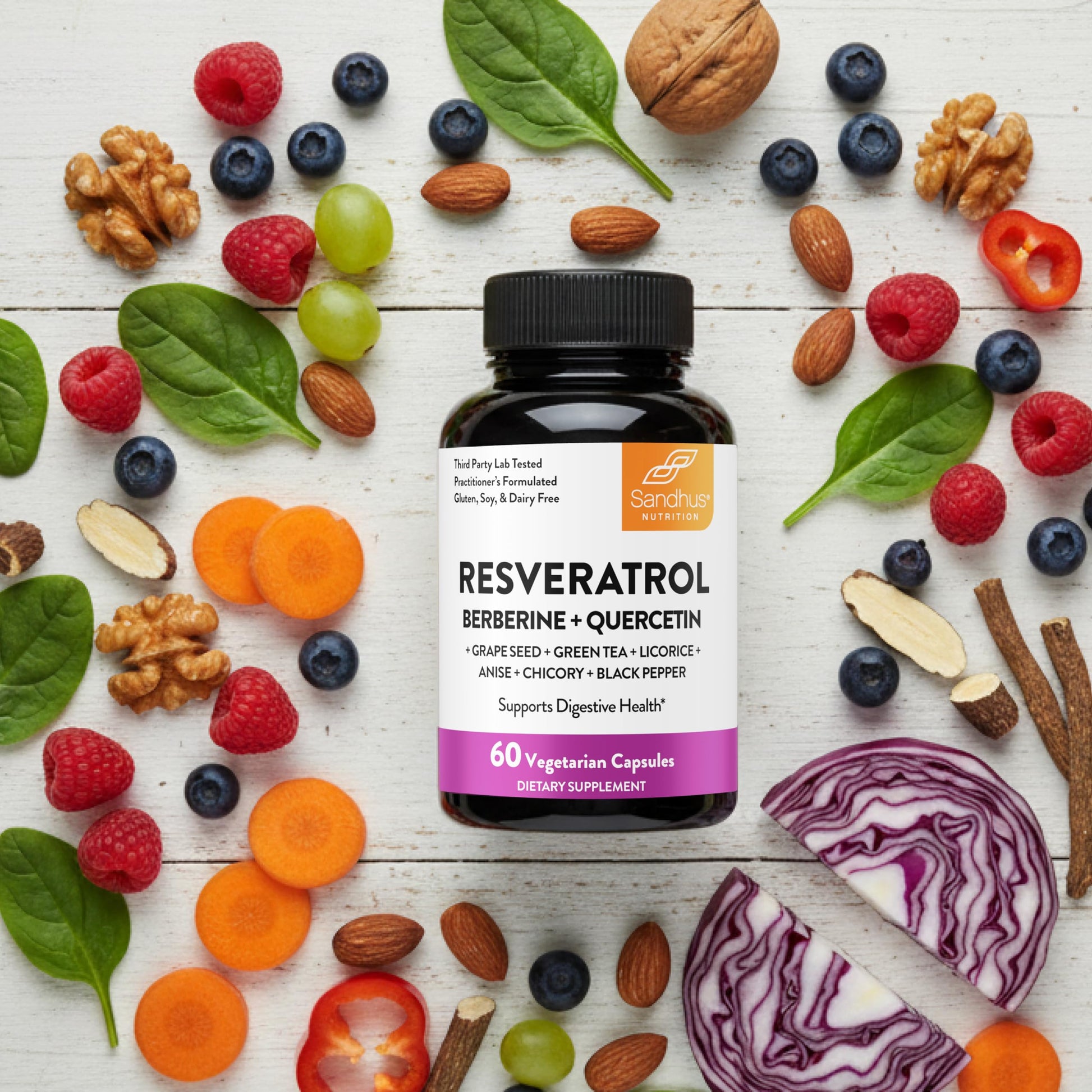 Sandhu's Resveratrol with Berberine for Gut Health | Digestive Supplement for Women & Men | Green Tea, Star Anise, DGL, Grape Seed Extract & Quercetin | Eases Bloating | 60 Capsules (Pack of 1) - Medaid International