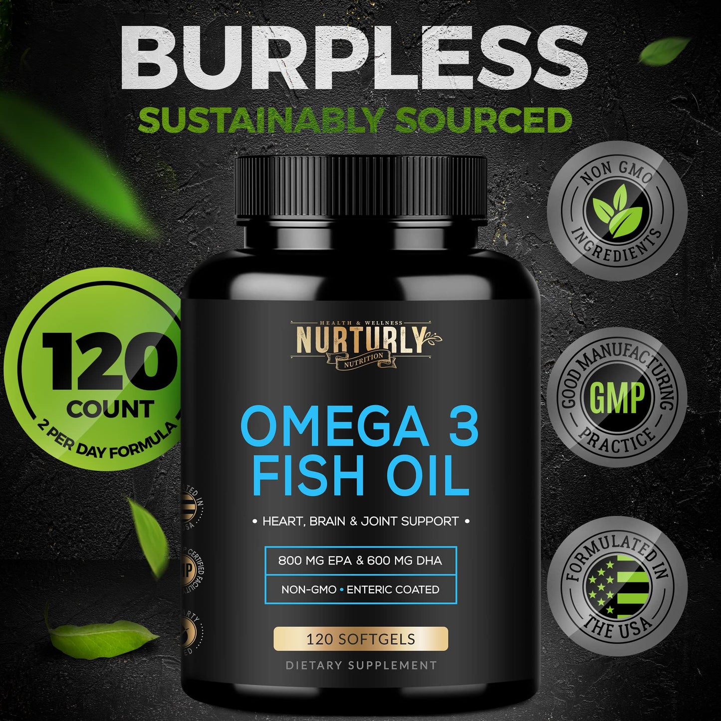 Omega 3 Fish Oil 2000mg, 800mg EPA and 600mg DHA - Enteric Coated and Burpless - Supports Brain, and Heart - Burpless, Non-GMO, 3rd Party Lab Tested and NSF Certified - 120 Softgels - Medaid International