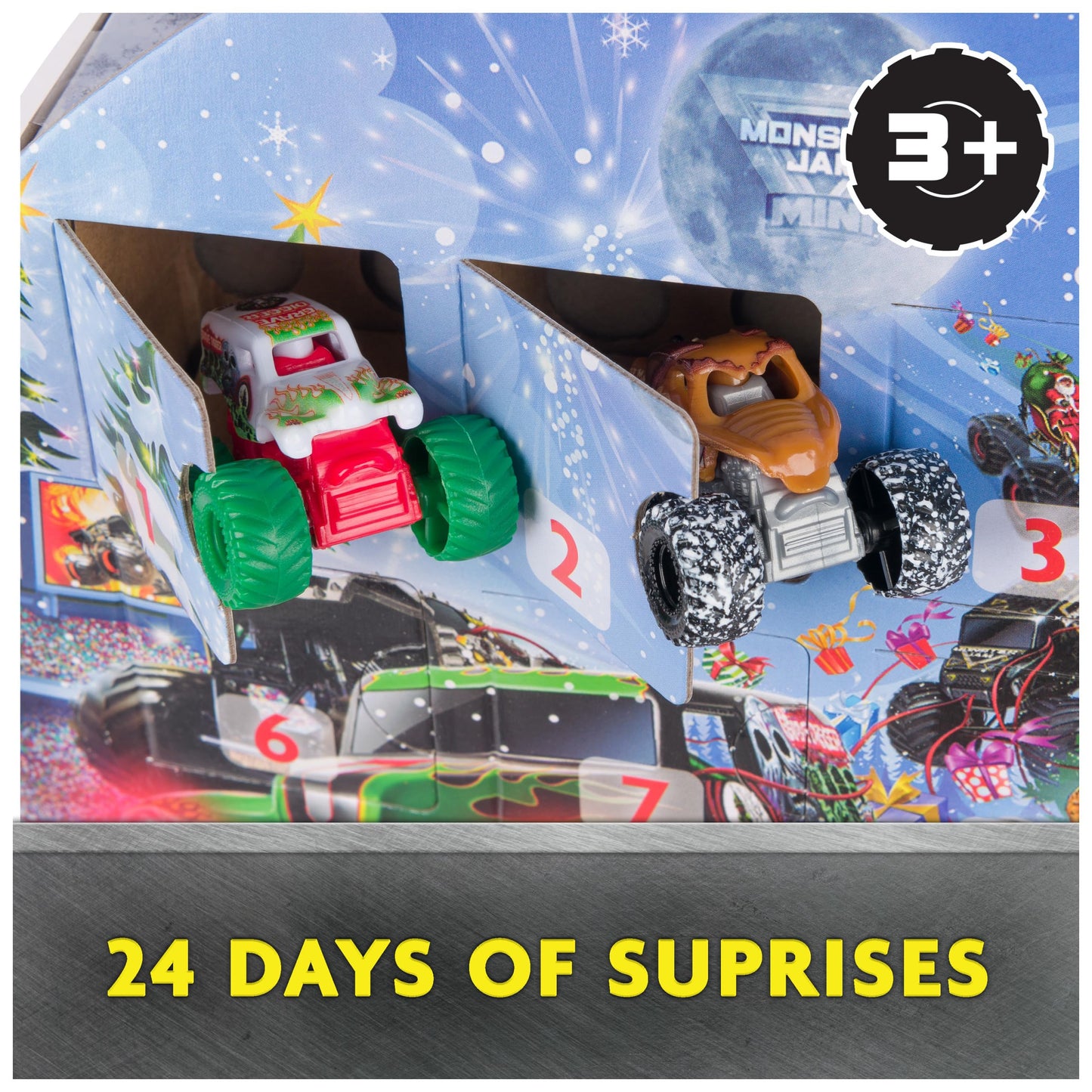 Monster Jam Mini Holiday Advent Calendar, 24 Days of Mini Monster Trucks and Accessories, 1:87 Scale, Kids Toys for Boys and Girls Ages 3 and up - Medaid International