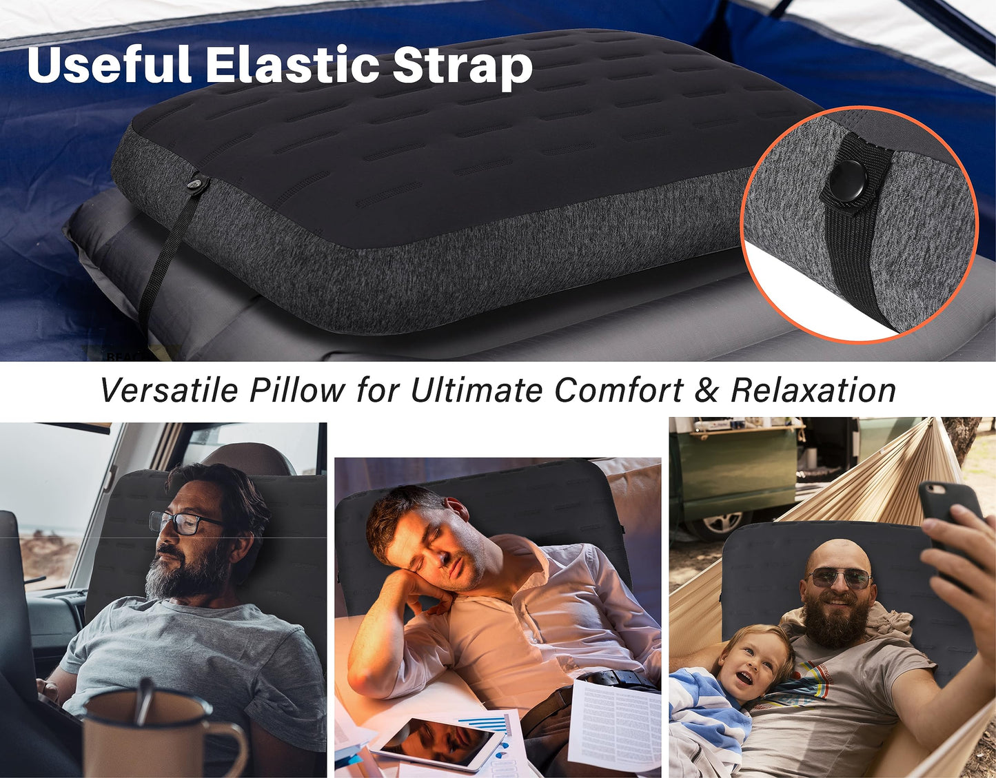 TREKOLOGY Camping Pillow - Large Inflatable (24"x15") for Home-Like Comfort, Portable & Ergonomic, Easy to Clean, Durable & Leak-Proof, Removable Strap for Secure Fit – ALUFT Ultra (Grey) - Medaid International