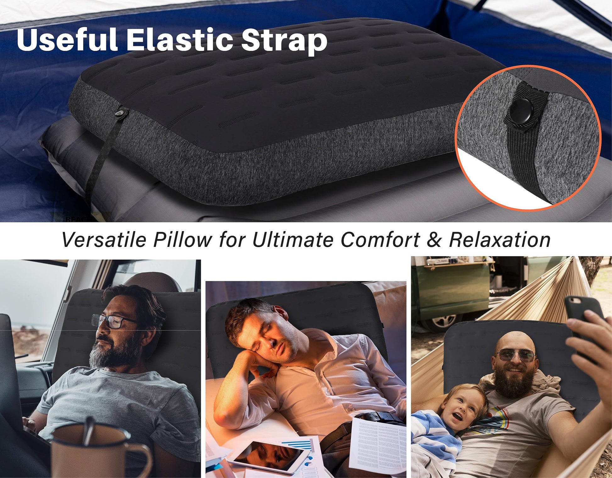 TREKOLOGY Camping Pillow - Large Inflatable (24"x15") for Home-Like Comfort, Portable & Ergonomic, Easy to Clean, Durable & Leak-Proof, Removable Strap for Secure Fit – ALUFT Ultra (Grey) - Medaid International