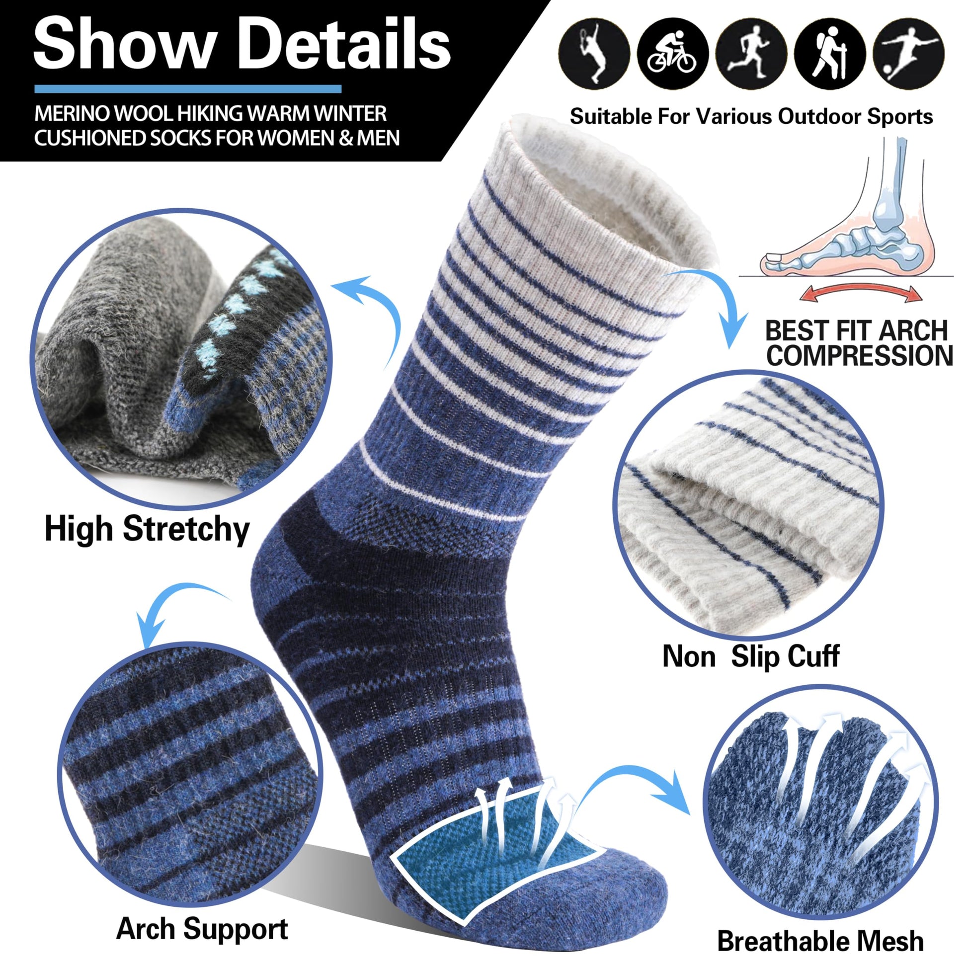 Merino Wool Socks for Men Thermal Winter Warm Hiking Cozy Crew Work Gift Socks Stocking Stuffers 5 Pairs(Blue,L) - Medaid International