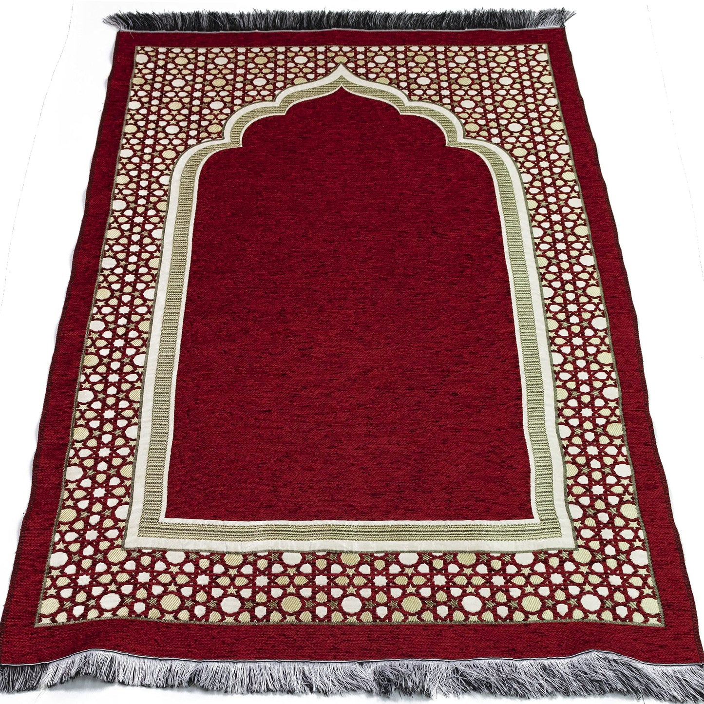 Modefa Turkish Islamic Prayer Mat - Thin Woven Chenille Sajjadah - Intricate Praying Rug Ramadan Eid Gift - Traditional Muslim Janamaz Sajada for Men Women - Geometric Selcuk Star (Red) - Medaid International