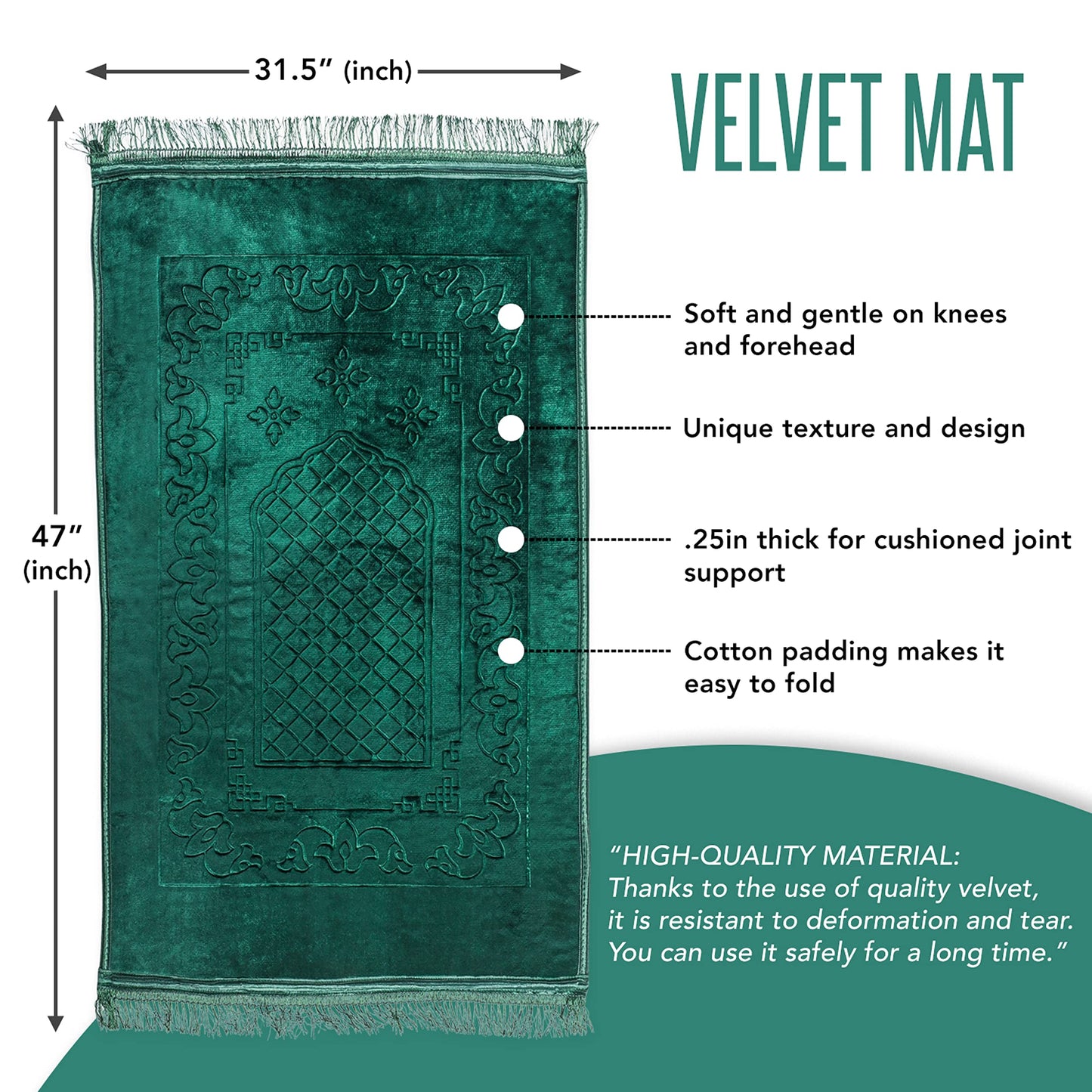 Truly Premium, Muslim Prayer Rug, Traditional Style, Large, Thick, and Padded Muslim Prayer Mat, 99 Prayer Beads and a Prayer Cap Included, Prayer Mats Muslim for Praying Men, Women, and Kids (Green) - Medaid International