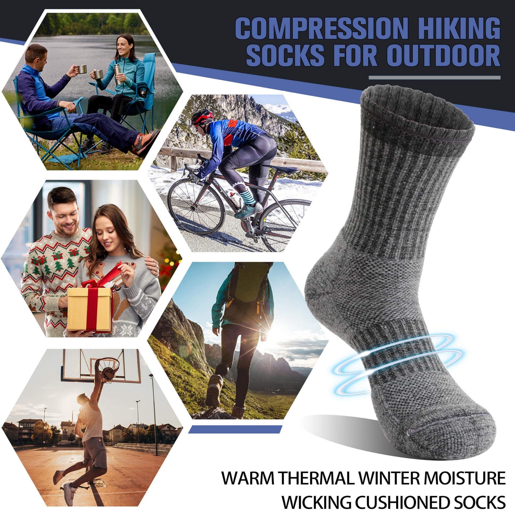 Merino Wool Socks for Men Thermal Winter Warm Hiking Cozy Crew Work Gift Socks Stocking Stuffers 5 Pairs(Blue,L) - Medaid International