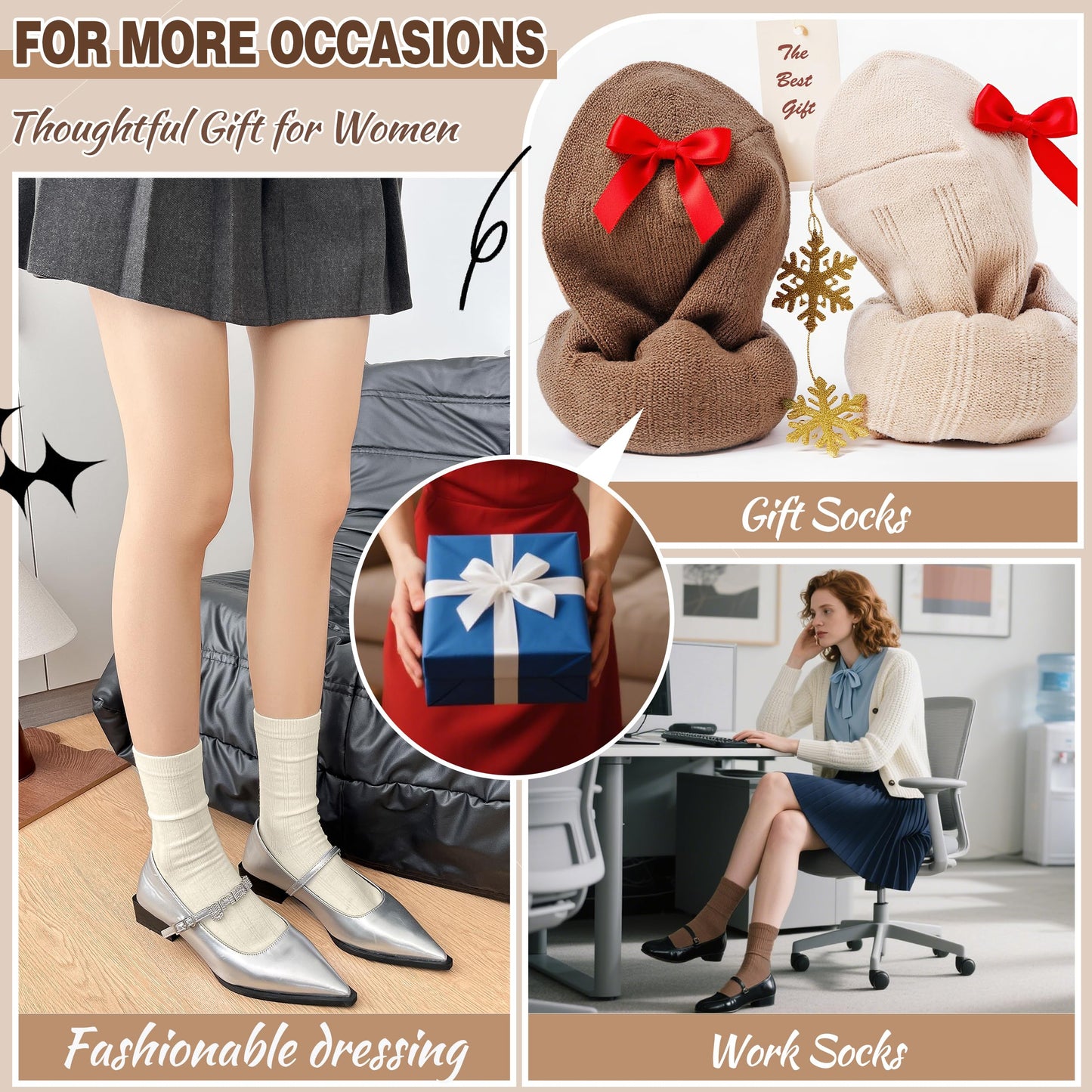 MOGGEI Thin Merino Wool Boot Socks for Women Warm Winter Cozy Comfy Work Socks 5 Pairs Gifts Stocking Stuffers(Khaki/Coffee/Beige/Black,M) - Medaid International