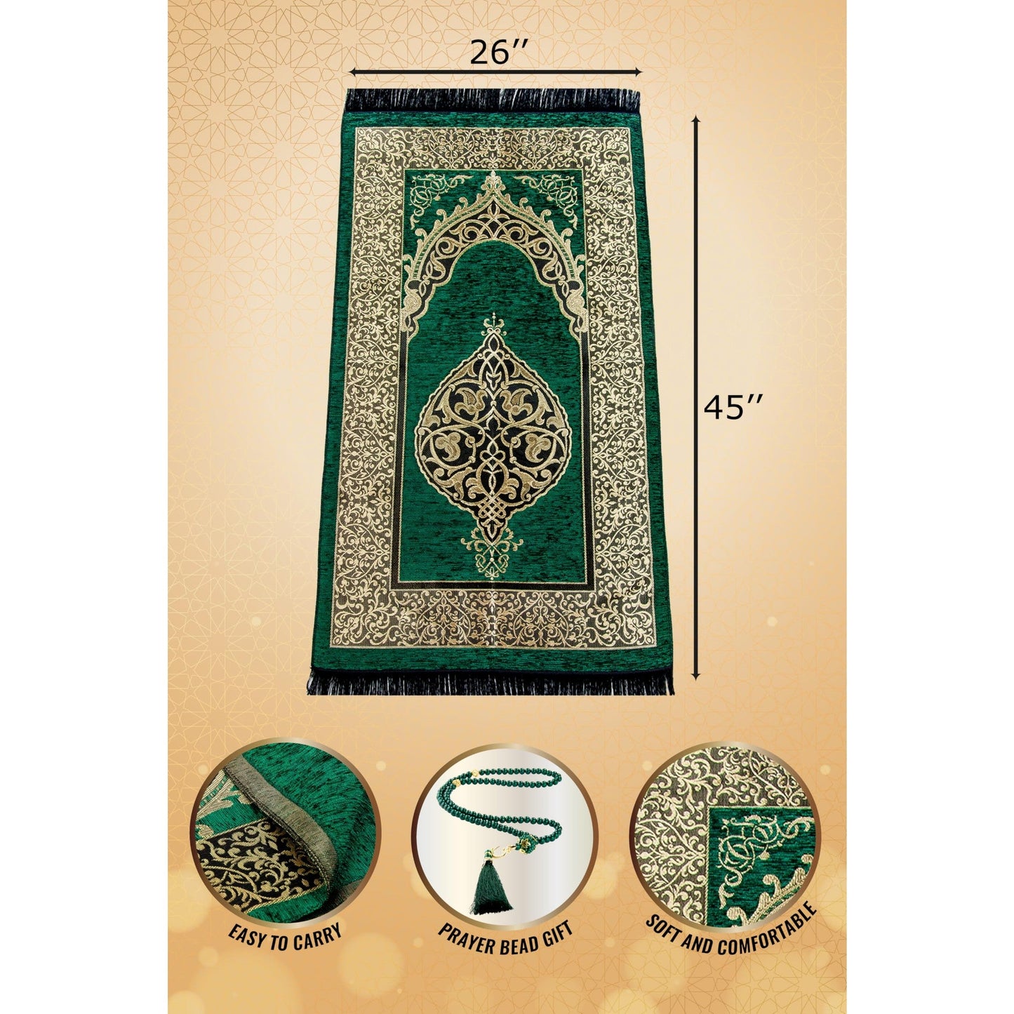 ihvan Online Muslim Prayer Rug with Prayer Beads, Janamaz, Sajadah, Soft Islamic Prayers Rug, Islamic Gift for Eid Ramadan, Prayers Carpet Mat, Chenille Fabric, Cream - Medaid International