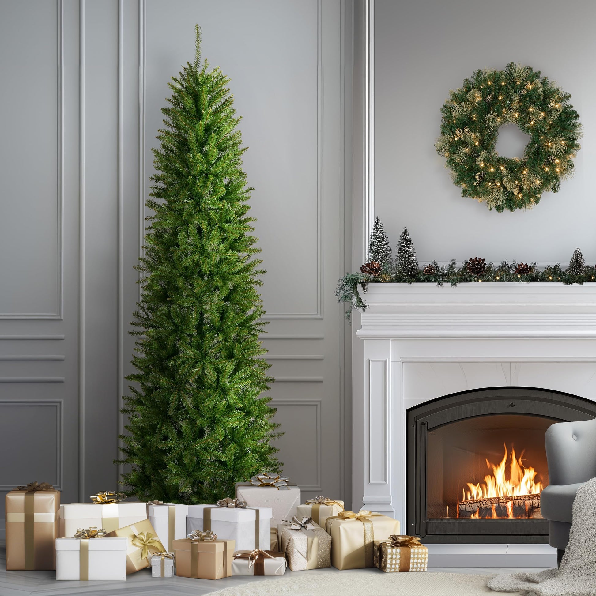 National Tree Company 7.5 ft Unlit Kingswood Fir Slim Artificial Christmas Tree, 1,075 Tips, Includes Stand, Green - Medaid International