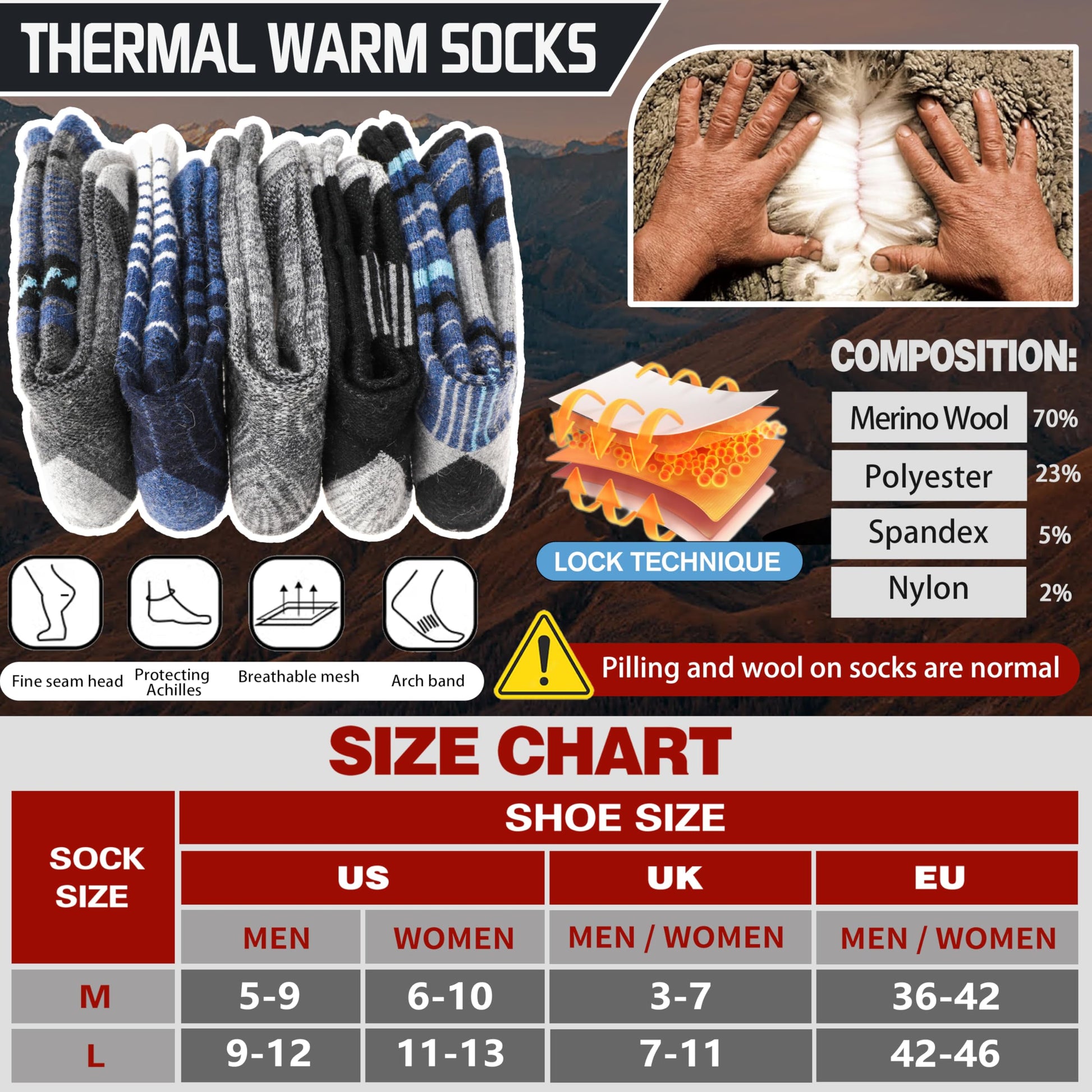 Merino Wool Socks for Men Thermal Winter Warm Hiking Cozy Crew Work Gift Socks Stocking Stuffers 5 Pairs(Blue,L) - Medaid International