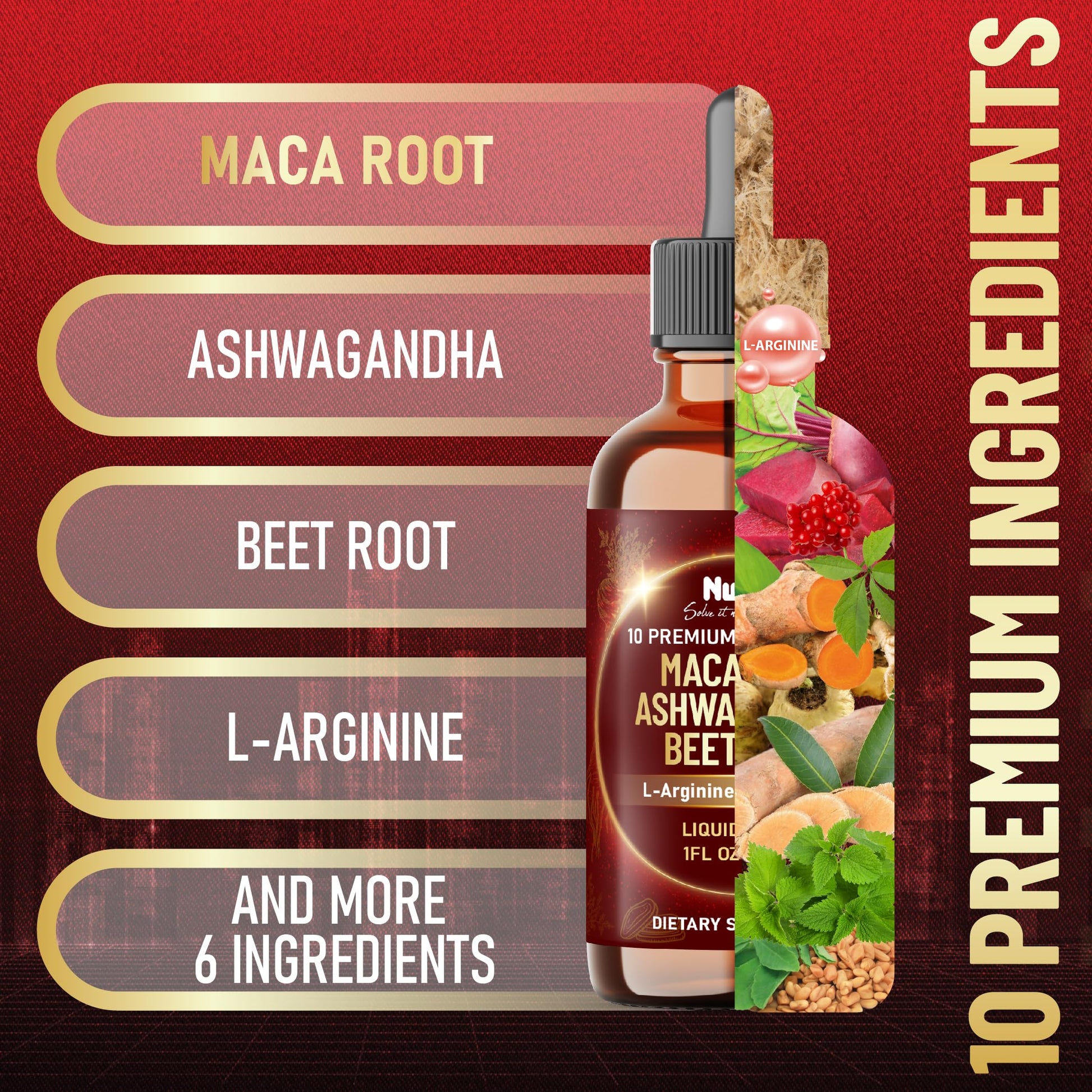 NUQIIT 10in1 Maca Root Liquid Drops with Ashwagandha, Fenugreek, Beet Root and L-Arginine Liquid for Women and Men - 1 FL Oz - 60 Day Supply - Medaid International