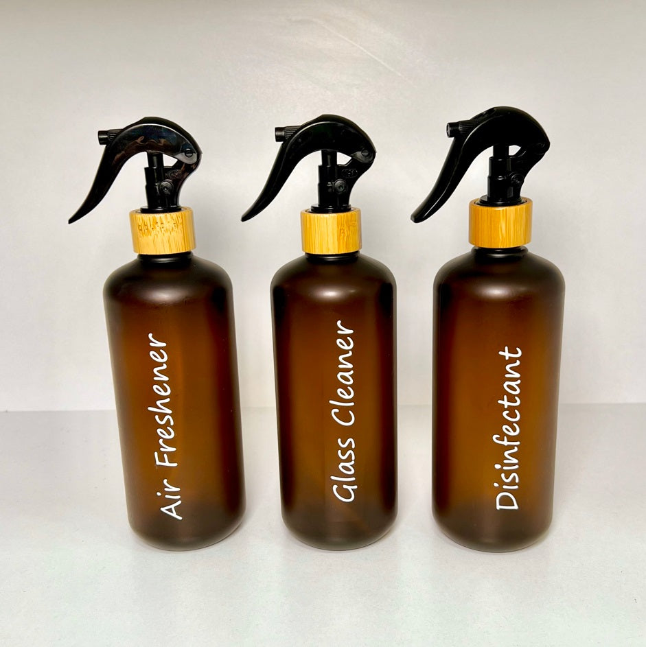 Frosted Amber Spray Bottle W/ Bamboo Neck - Black Sprayer