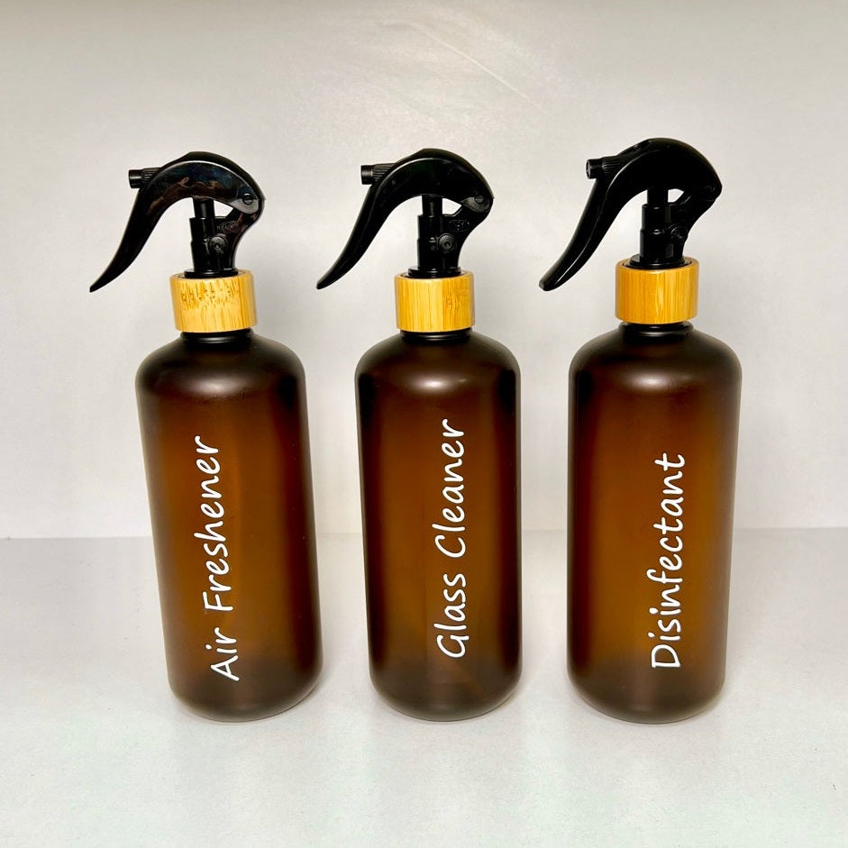 Frosted Amber Spray Bottle W/ Bamboo Neck - Black Sprayer