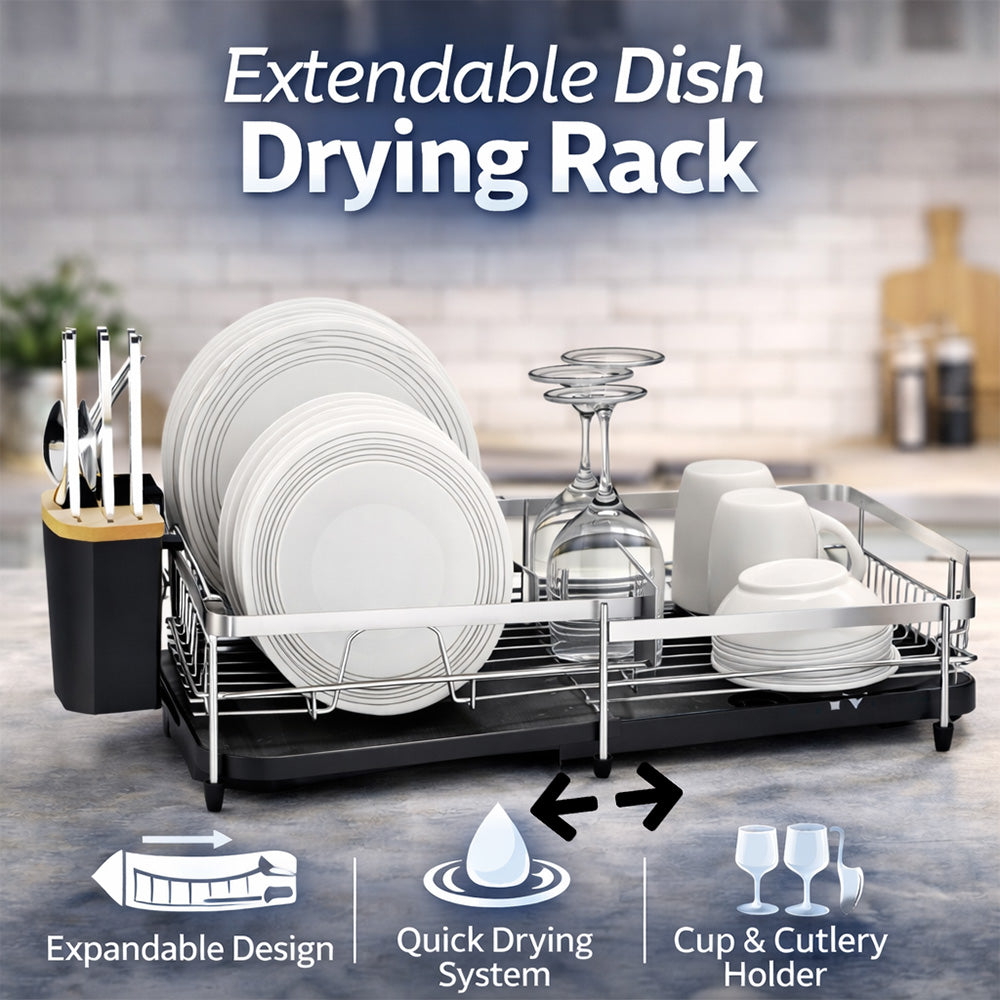Expandable Dish Rack Stainless Steel with Cutlery Holder