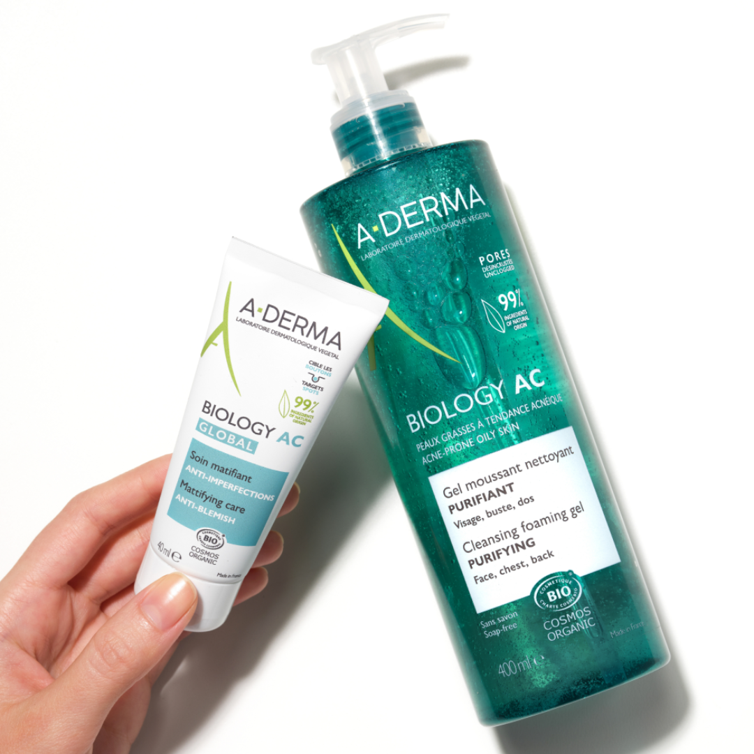 A-Derma Biology AC Mattifying Global Anti-blemish Treatment And Biology AC Purifying Foaming Gel Buy 1 Get 1 Pouch Bundle