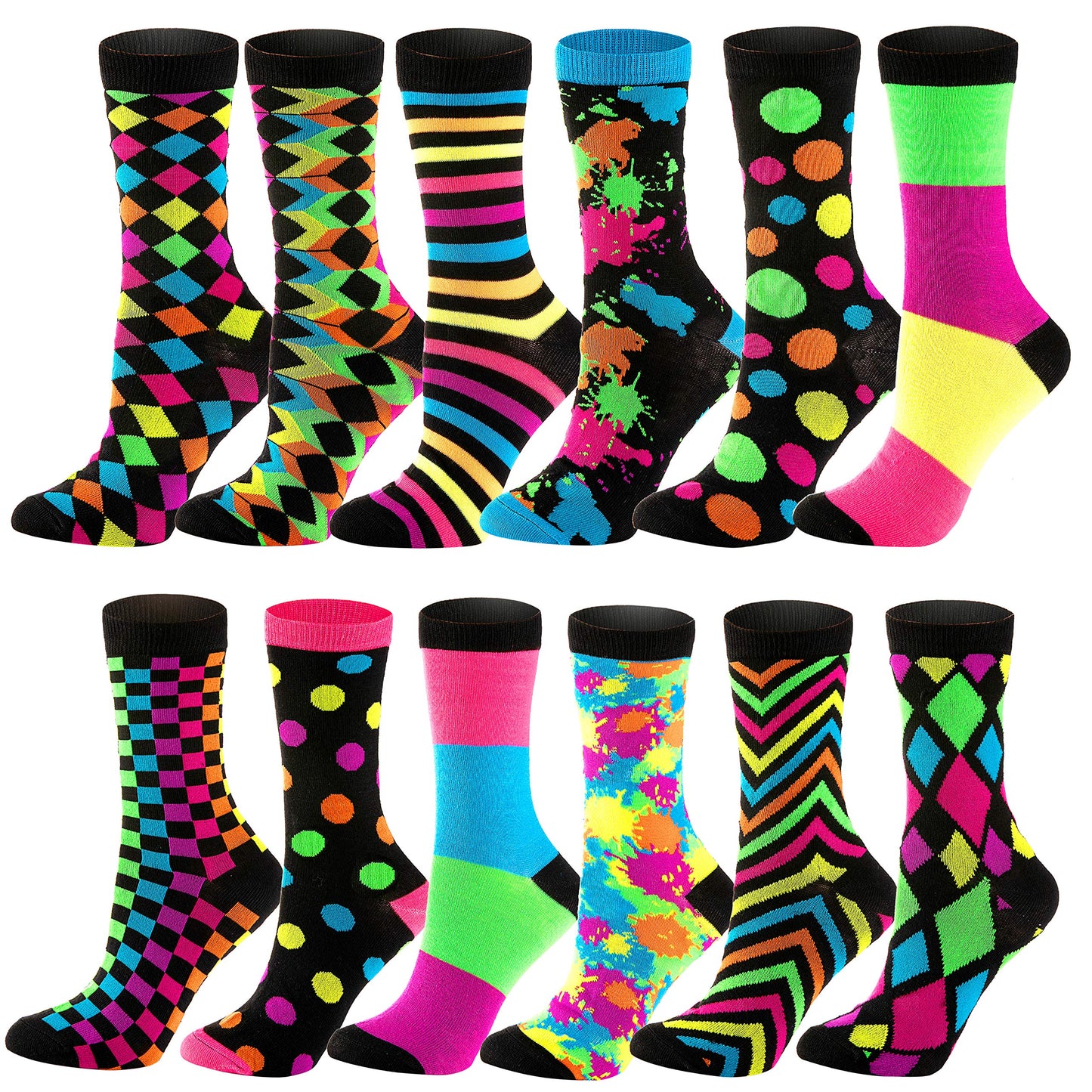 JOYIN 12 PCS Christmas Socks Women Colorful Funky Paint Splash Patterned Crew Socks for Christmas, Holiday or Birthday Gift - Medaid International