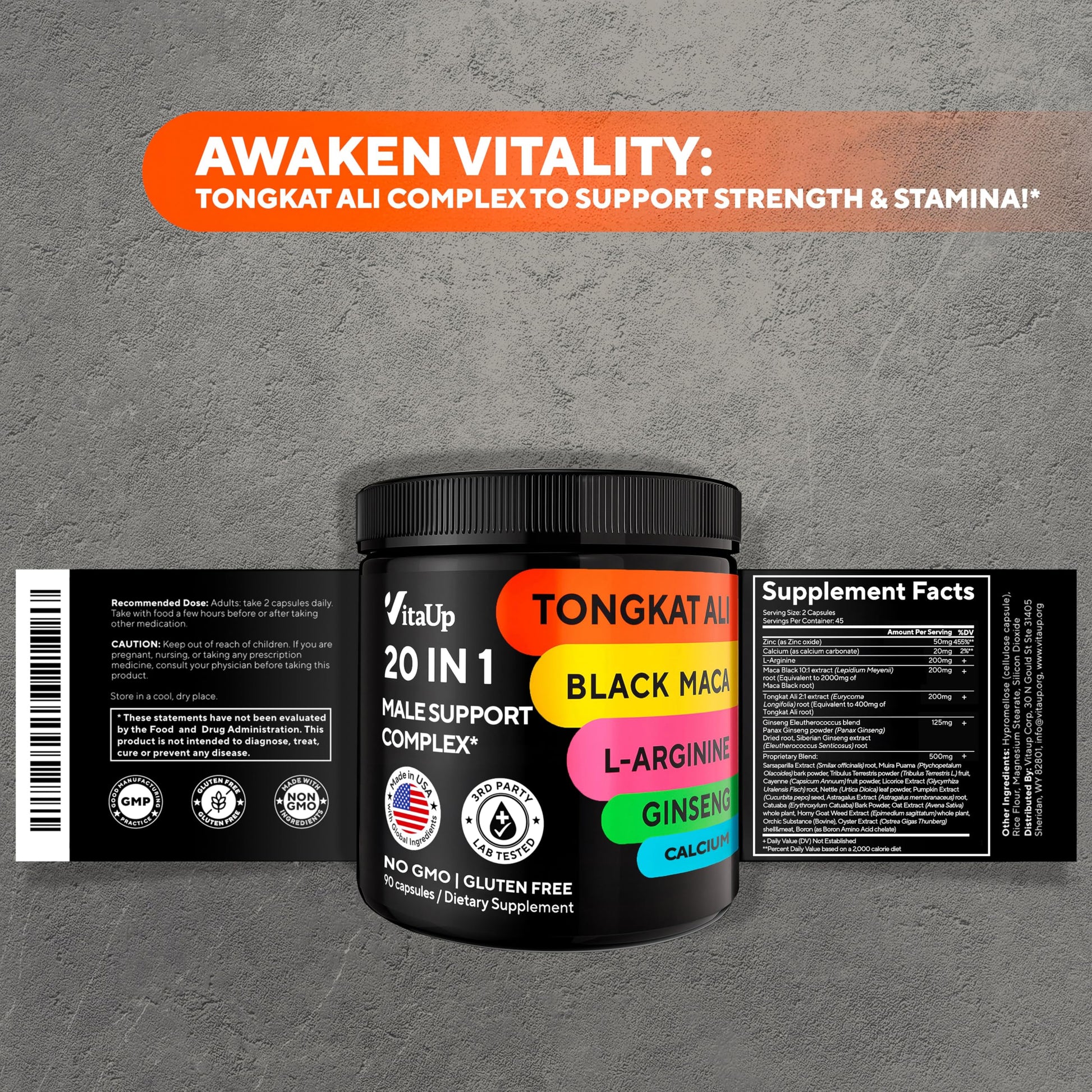 VitaUp Tongkat Ali for Men 20 in 1 with Astragalus - USA Made Mens Supplement Complex with Black Maca Root, L-Arginine, Ginseng, Calcium, Astragalus for Normal Strength & Endurance Support - 90 Caps - Medaid International
