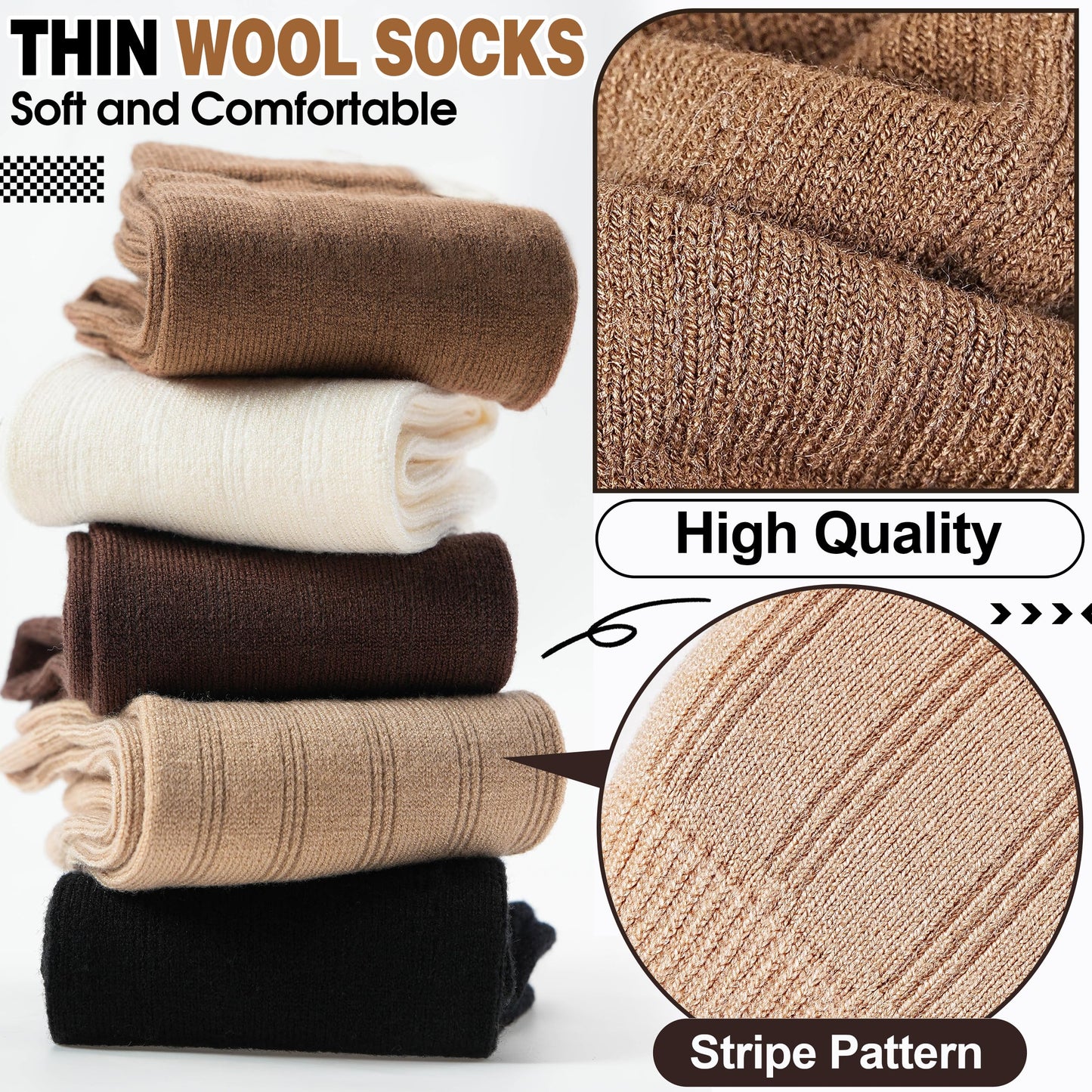 MOGGEI Thin Merino Wool Boot Socks for Women Warm Winter Cozy Comfy Work Socks 5 Pairs Gifts Stocking Stuffers(Khaki/Coffee/Beige/Black,M) - Medaid International