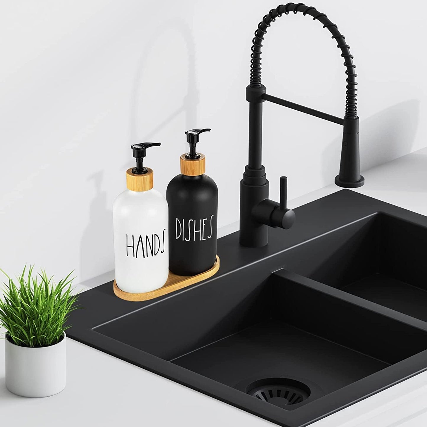 Set Of 2 Soap Dispenser with Bamboo tray