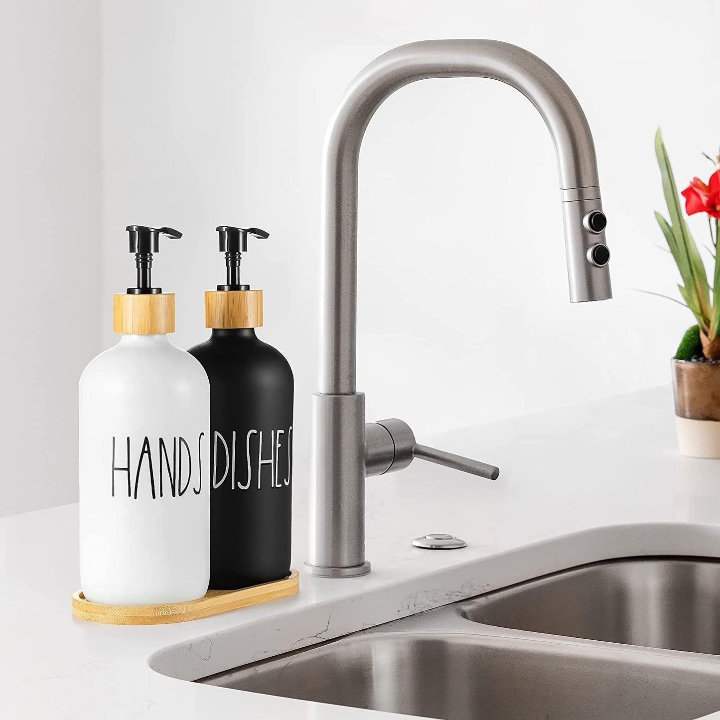 Set Of 2 Soap Dispenser with Bamboo tray