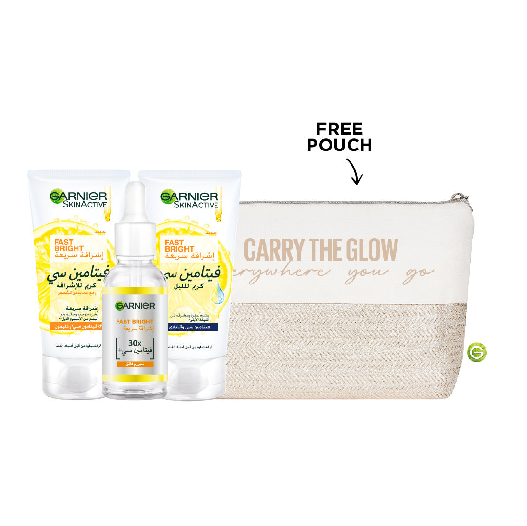 Garnier Skin Active Fast Bright Day & Night Basic Routine Bundle + Free Pouch