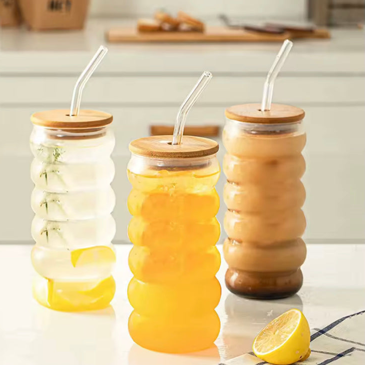 DrinkingWavy Glasses with Bamboo Lids and Glass Straw 14oz