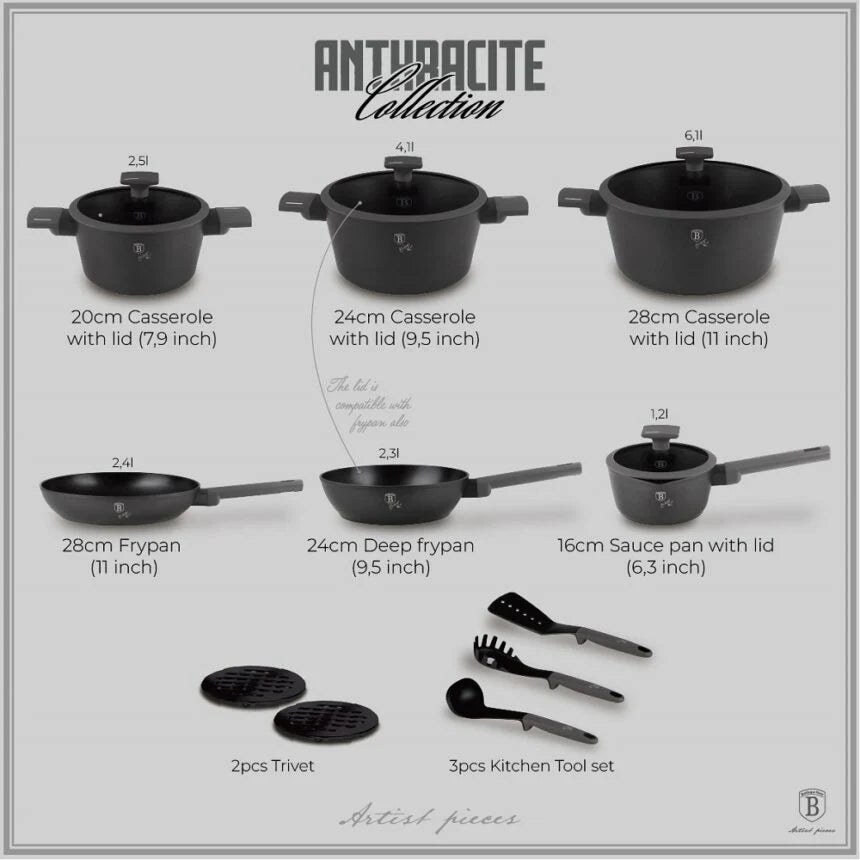 Berlinger Haus 15-Piece Kitchen Stackable Cookware Set Antracit Collection