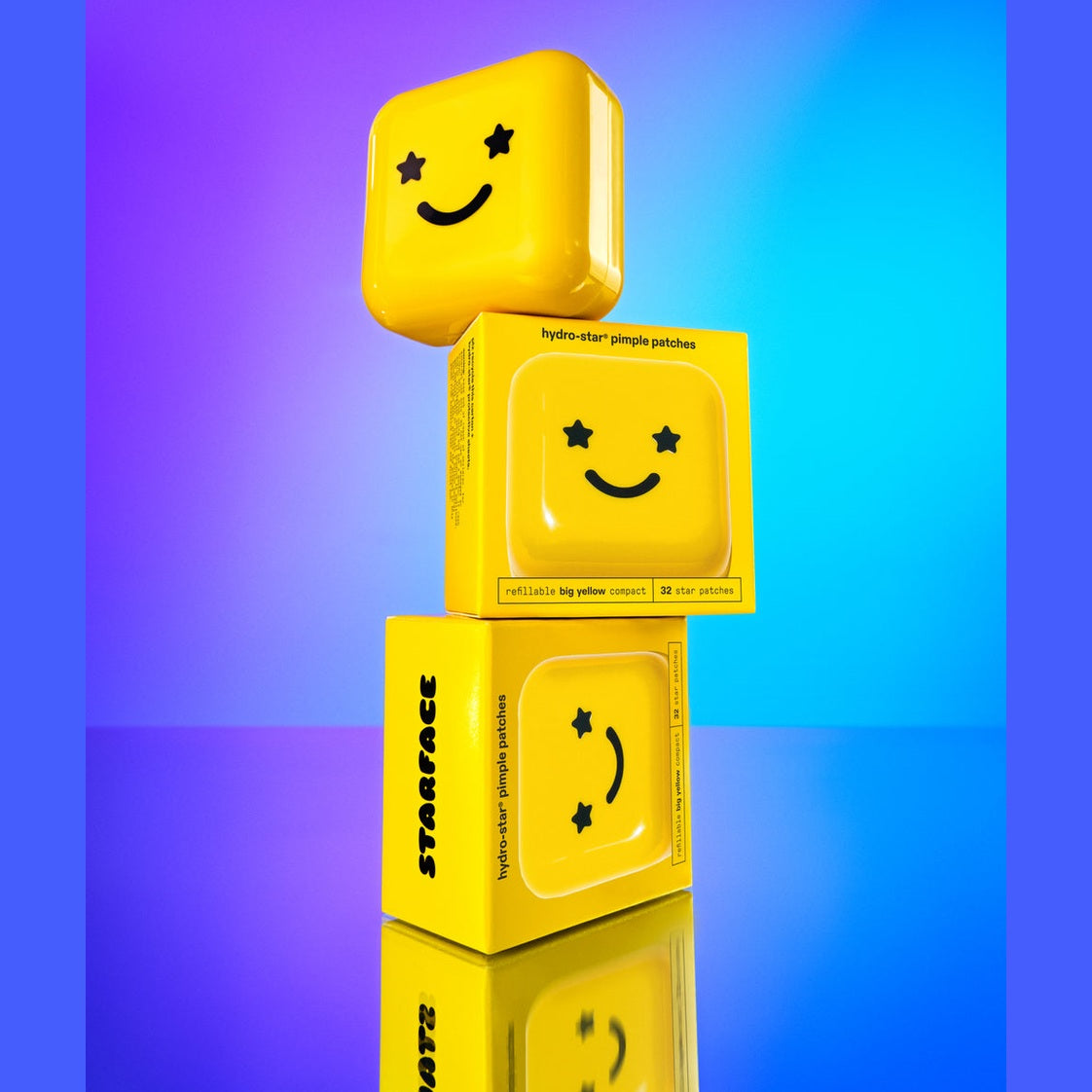 STARFACE hydro-stars® + big yellow absorbs. shrinks. protects.  a cute yellow compact filled with 32 bestselling hydrocolloid pimple protectors