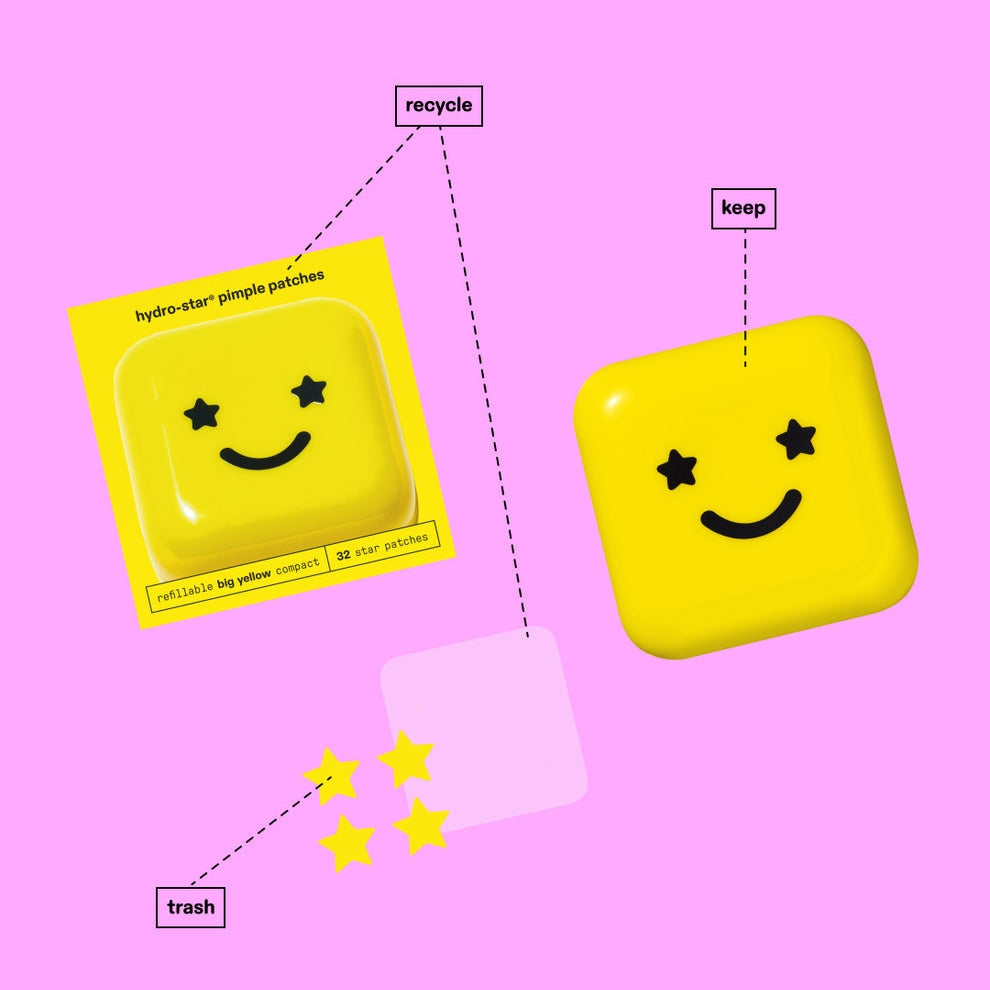 STARFACE hydro-stars® + big yellow absorbs. shrinks. protects.  a cute yellow compact filled with 32 bestselling hydrocolloid pimple protectors