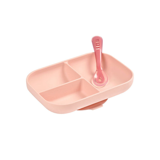 Béaba Silicone Divided Suction Plate & Spoon Set- Pink