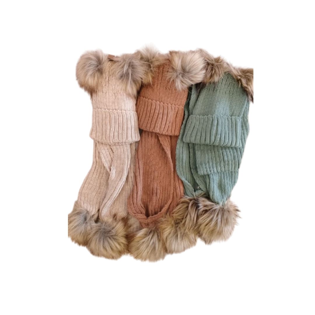 Baby Winter Ribbed Knit Beanie & Scarf Set with Faux Fur Pom-Poms