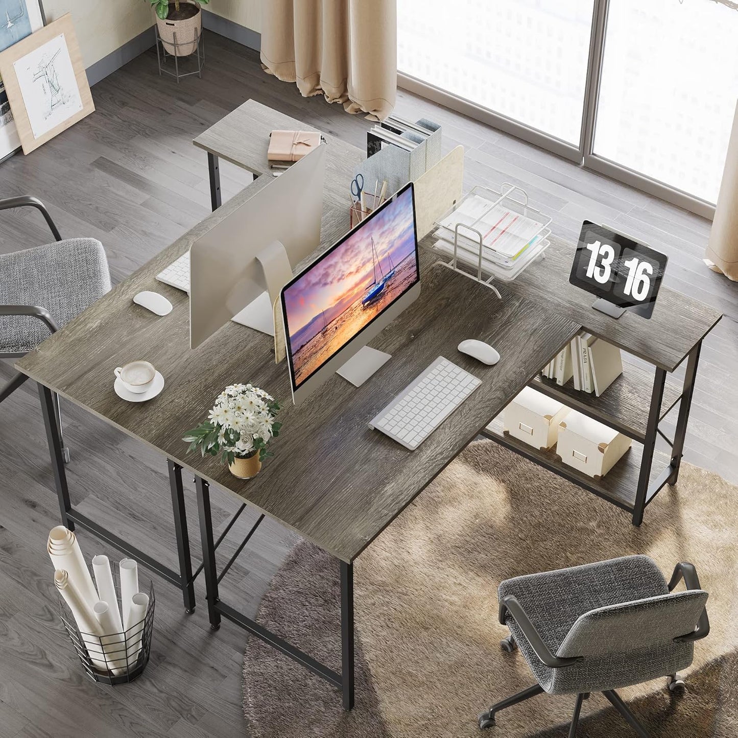 L Shaped Desk with Storage Shelves